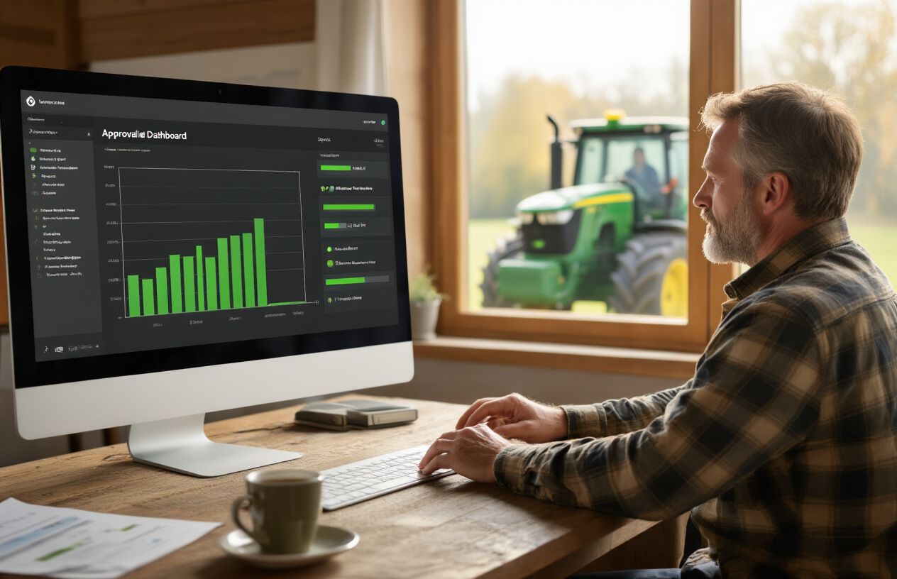 Create a realistic image of a modern computer screen displaying a digital application tracking dashboard with green progress bars and status indicators, showing different stages of approval process, with a white male farmer in his 40s sitting at a wooden desk reviewing the screen, a green tractor visible through a window in the background, warm natural lighting from the window, professional office setting with documents and a coffee cup on the desk, absolutely NO text should be in the scene.