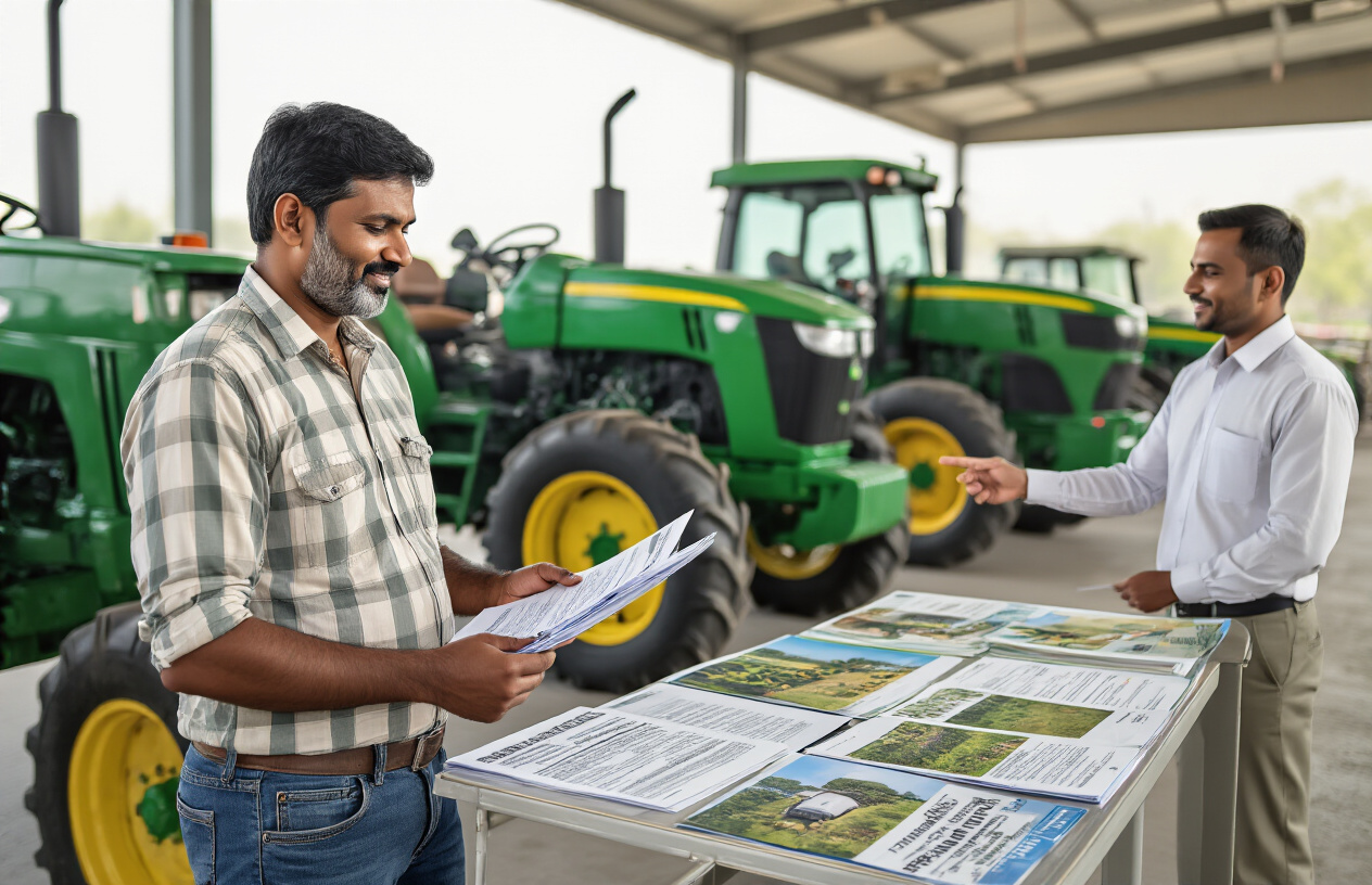 Create a realistic image of an Indian male farmer in his 40s examining official documents and brochures while standing next to a new green tractor at a rural dealership, with a white male sales representative pointing to different tractor models in the background, set in a well-lit outdoor showroom with multiple green tractors displayed, conveying a professional and informative atmosphere of making an informed purchase decision, absolutely NO text should be in the scene.