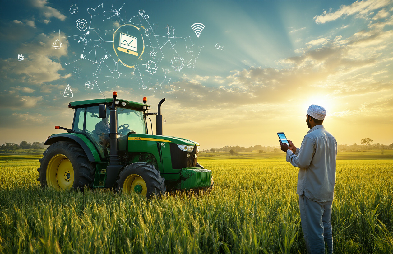 Create a realistic image of a modern green tractor parked in a lush agricultural field with a South Asian male farmer standing beside it holding a smartphone, showing a successful online application completion on the screen, with golden sunlight filtering through the scene creating a hopeful and accomplished mood, rolling farmland in the background, and digital connectivity symbols subtly integrated into the sky, absolutely NO text should be in the scene.