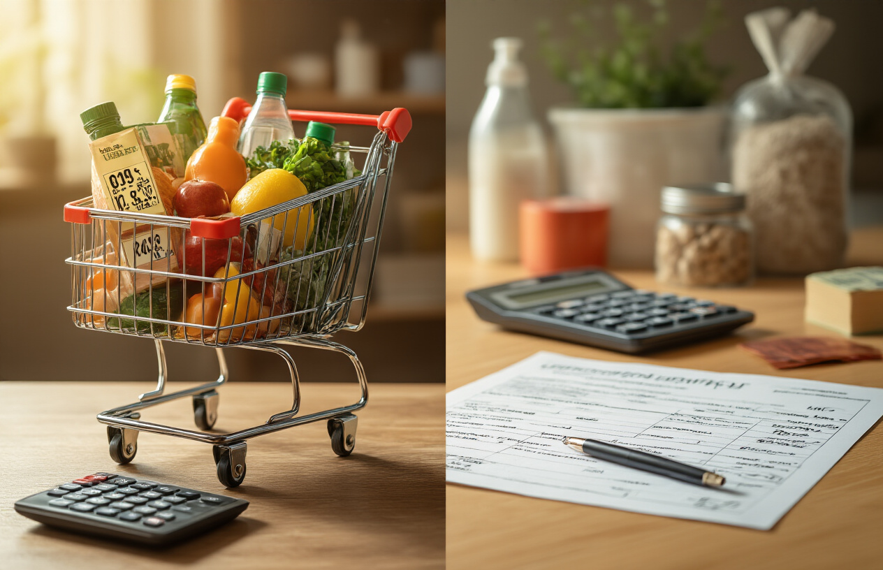Create a realistic image of a split-screen comparison showing a shopping cart filled with everyday groceries and household items with price tags displaying high costs on one side, and on the other side a paycheck stub or salary document showing modest income figures, with a calculator and bills scattered on a wooden desk surface, warm indoor lighting casting shadows that emphasize the contrast between expenses and income, creating a mood of financial pressure and concern, absolutely NO text should be in the scene.