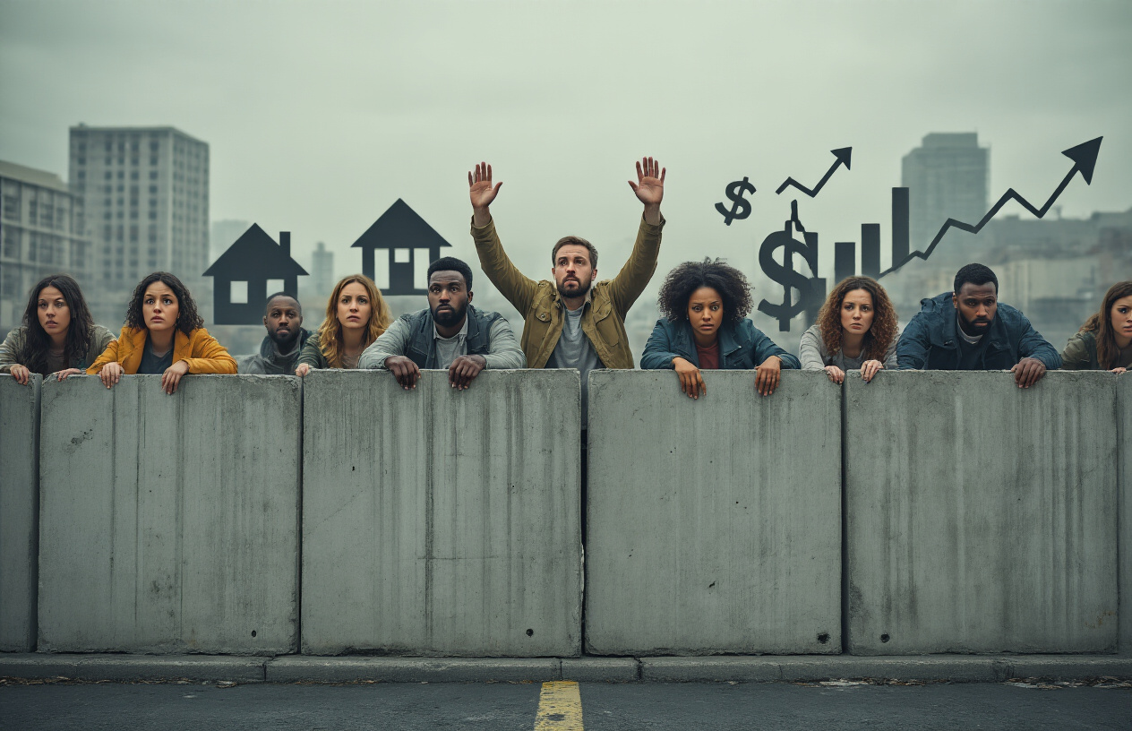 Create a realistic image of diverse middle-class Americans of various races and genders standing behind tall concrete barriers and walls that block their path toward financial symbols like houses, dollar signs, and upward trending graphs visible in the distance, with the people looking frustrated and reaching over the obstacles, set against a muted urban background with overcast lighting that conveys struggle and limitation, absolutely NO text should be in the scene.
