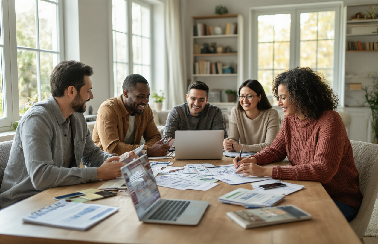 Create a realistic image of a diverse group of young and middle-aged adults of various races (white, black, Hispanic, Asian) and genders sitting around a modern living room table with laptops, smartphones, budgeting notebooks, and financial documents spread out, appearing engaged in collaborative financial planning discussion with hopeful expressions, warm natural lighting streaming through large windows, cozy home environment with bookshelves and plants in the background, conveying a sense of empowerment and community support in managing personal finances, absolutely NO text should be in the scene.