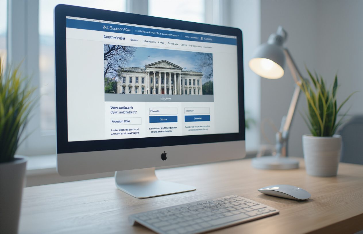 Create a realistic image of a close-up view of a computer screen displaying a clean, modern government website interface with navigation menus, form fields, and official government portal design elements, with a computer mouse and keyboard visible on a desk, soft office lighting, professional atmosphere, absolutely NO text should be in the scene.