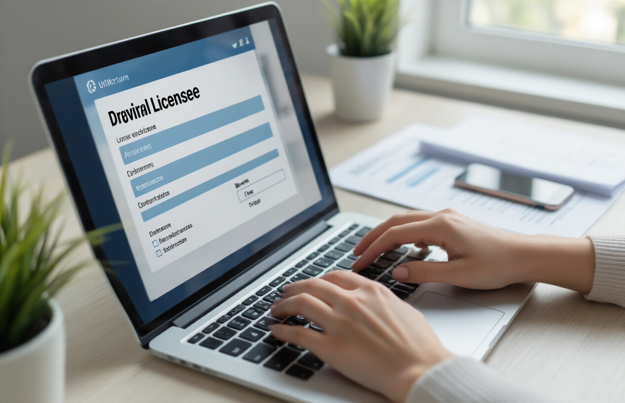 Create a realistic image of a close-up view of a laptop screen displaying a digital driving license application form with empty fields and checkboxes, hands of a young white female typing on the keyboard, modern clean desk setup with a smartphone and documents nearby, soft natural lighting from a window, focused and organized atmosphere, Absolutely NO text should be in the scene.