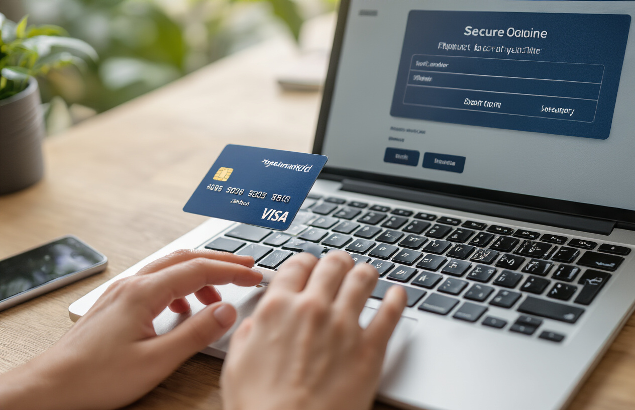 Create a realistic image of a close-up view of hands typing on a laptop keyboard with a credit card placed beside the laptop, showing a secure online payment interface on the screen with payment form fields and security icons, set on a clean wooden desk in a well-lit home office environment with soft natural lighting, conveying trust and security in online transactions, absolutely NO text should be in the scene.