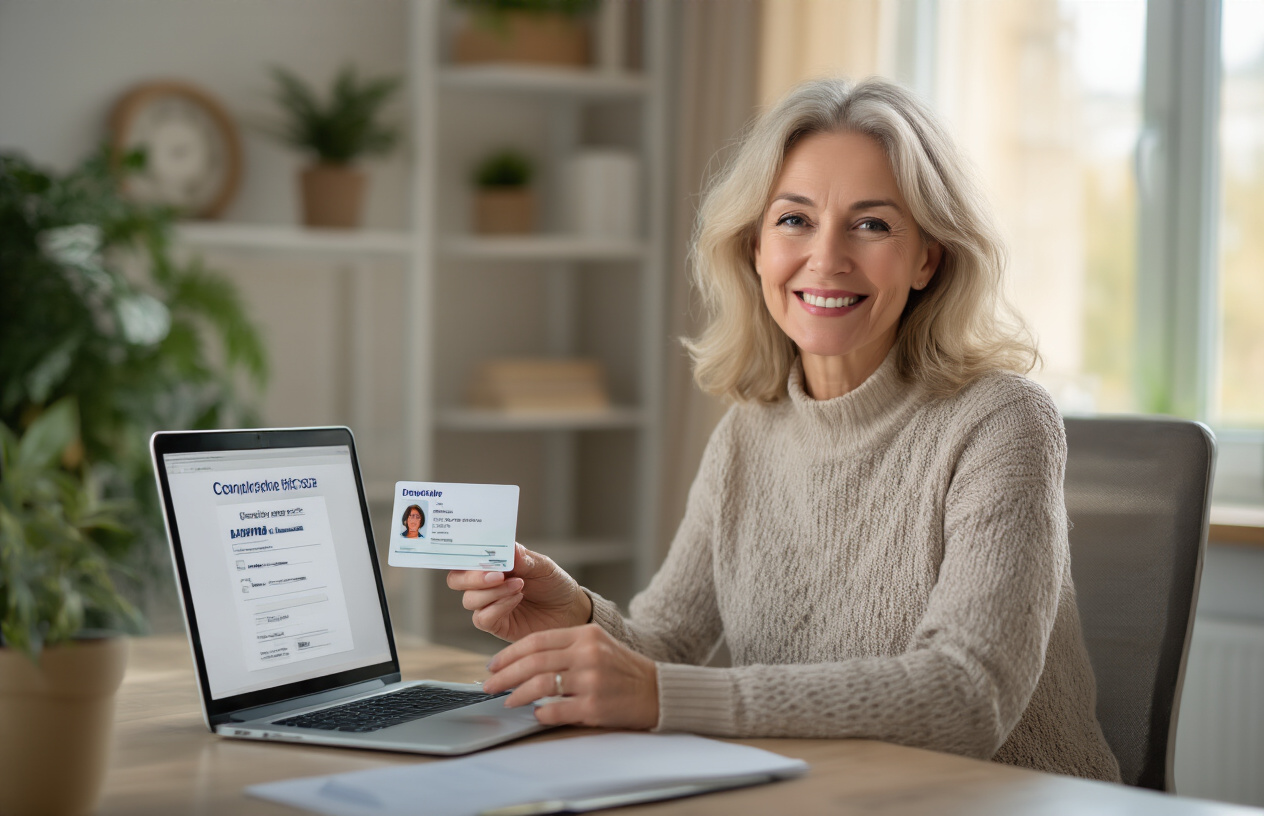 Create a realistic image of a satisfied middle-aged white female sitting at a modern desk with a laptop computer open, displaying a completed online application form on the screen, holding a newly received driving license card in her hand with a gentle smile, surrounded by a clean home office environment with natural lighting from a window, soft shadows, and a celebratory yet professional atmosphere that conveys successful completion of the online driving license application process, absolutely NO text should be in the scene.