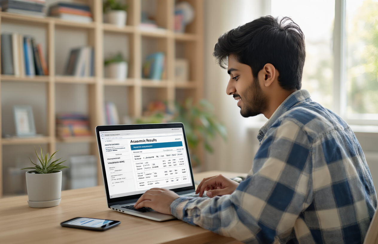Create a realistic image of a young Indian male student sitting at a modern desk with a laptop computer open, showing a bright screen displaying academic result interface with grade sheets and percentage scores, the student looking satisfied while viewing his results, modern home study room background with bookshelves and educational materials, warm natural lighting from a nearby window, peaceful and successful atmosphere, smartphone placed nearby on the desk also showing academic portal, absolutely NO text should be in the scene.