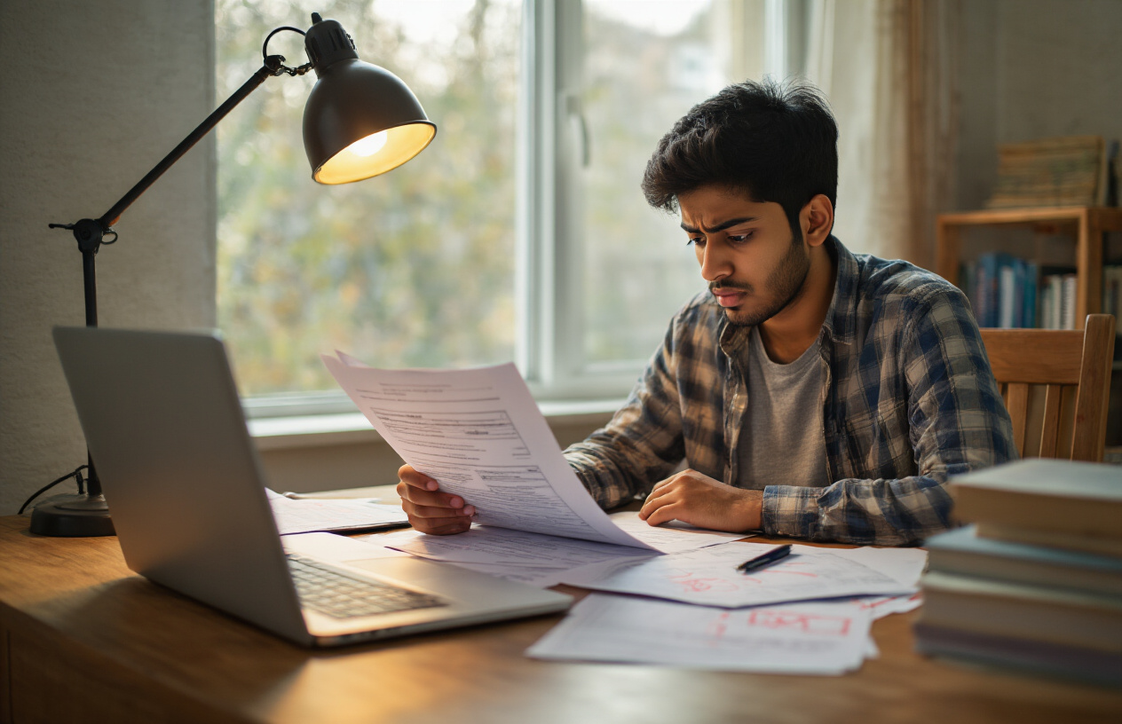 Create a realistic image of a young South Asian male student sitting at a wooden desk looking concerned while reviewing academic documents and correction forms, with a laptop computer open showing an educational website interface, scattered papers with red correction marks, a pen in hand, warm indoor lighting from a desk lamp, books stacked nearby, and a focused problem-solving atmosphere in a home study environment, absolutely NO text should be in the scene.