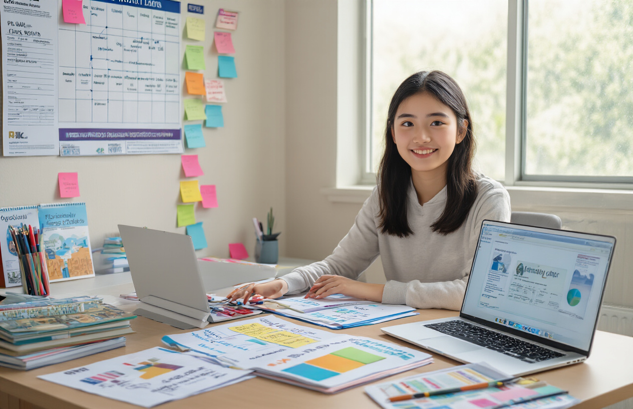 Create a realistic image of a young Asian female student sitting at a modern desk with academic planning materials including career pathway charts, university brochures, and subject selection guides spread across the surface, with a laptop open showing educational course options, surrounded by colorful sticky notes and a planning calendar on the wall, in a bright study room with natural lighting from a window, creating an atmosphere of focused academic planning and decision-making, absolutely NO text should be in the scene.