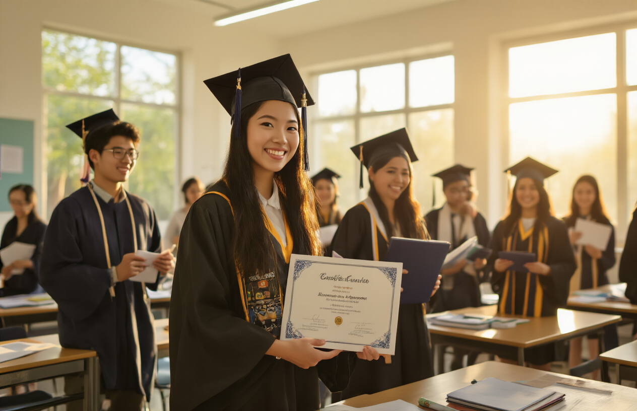 Create a realistic image of diverse high school students celebrating their academic achievements in a bright, modern classroom setting, with Asian female and Black male students in the foreground holding certificates and diplomas, white female and Hispanic male students in the background also celebrating, everyone wearing graduation caps and formal attire, warm golden sunlight streaming through large windows creating an uplifting atmosphere, desks arranged neatly with some academic materials visible, celebratory mood with genuine smiles and expressions of joy and accomplishment, soft natural lighting highlighting the positive emotions, absolutely NO text should be in the scene.