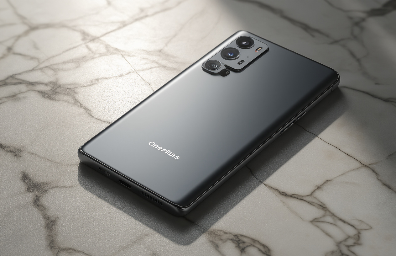 Create a realistic image of a sleek OnePlus 15 smartphone positioned at an elegant angle on a premium marble surface, showcasing its sophisticated design with clean lines, premium materials, and refined craftsmanship, with soft professional lighting highlighting the phone's build quality and metallic finish, set against a minimalist modern background with subtle shadows, absolutely NO text should be in the scene.