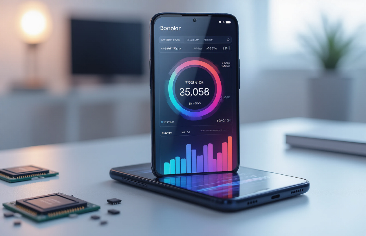 Create a realistic image of a OnePlus 15 smartphone displaying colorful performance benchmark graphs and charts on its screen, placed on a modern tech desk with subtle CPU and processor chip components scattered around, soft ambient lighting highlighting the device's sleek design, clean minimalist background with subtle blue and white tones, absolutely NO text should be in the scene.