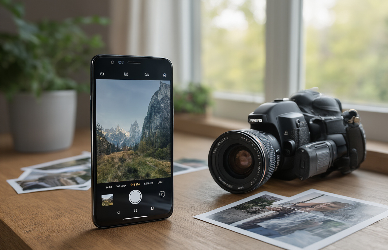 Create a realistic image of a OnePlus smartphone displaying a camera app interface with visible image quality issues on the screen, showing blurry or poorly lit sample photos, placed on a wooden desk next to a professional DSLR camera and some printed photographs that demonstrate superior image quality, with soft natural lighting from a window creating contrast between the phone's camera limitations and professional photography equipment, absolutely NO text should be in the scene.