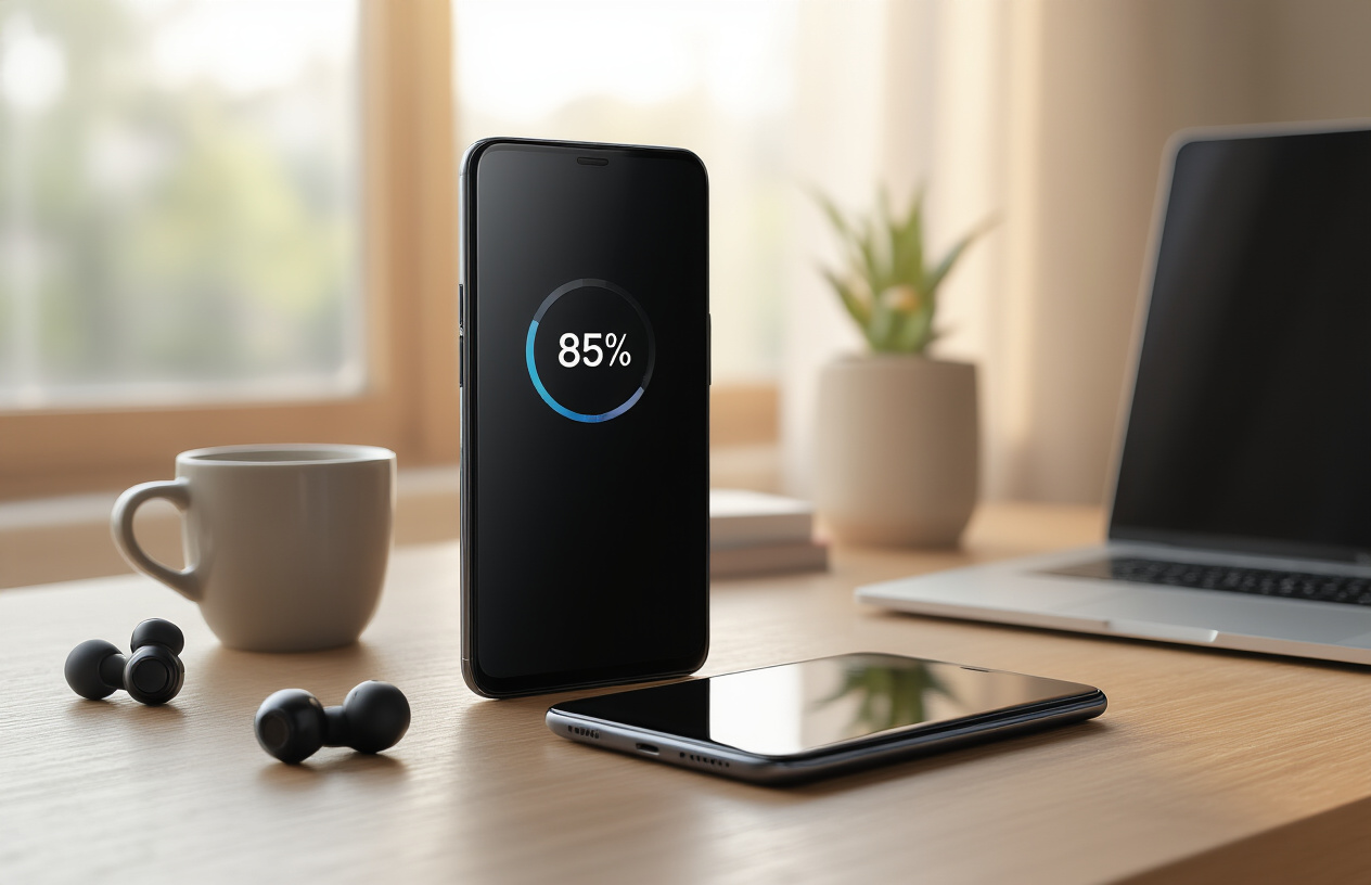 Create a realistic image of a sleek OnePlus smartphone displaying a battery percentage at 85% or higher on its screen, placed on a modern wooden desk next to everyday items like wireless earbuds, a coffee cup, and a laptop, with warm natural lighting streaming through a window in the background, showcasing the phone's endurance through a full day of use, Absolutely NO text should be in the scene.
