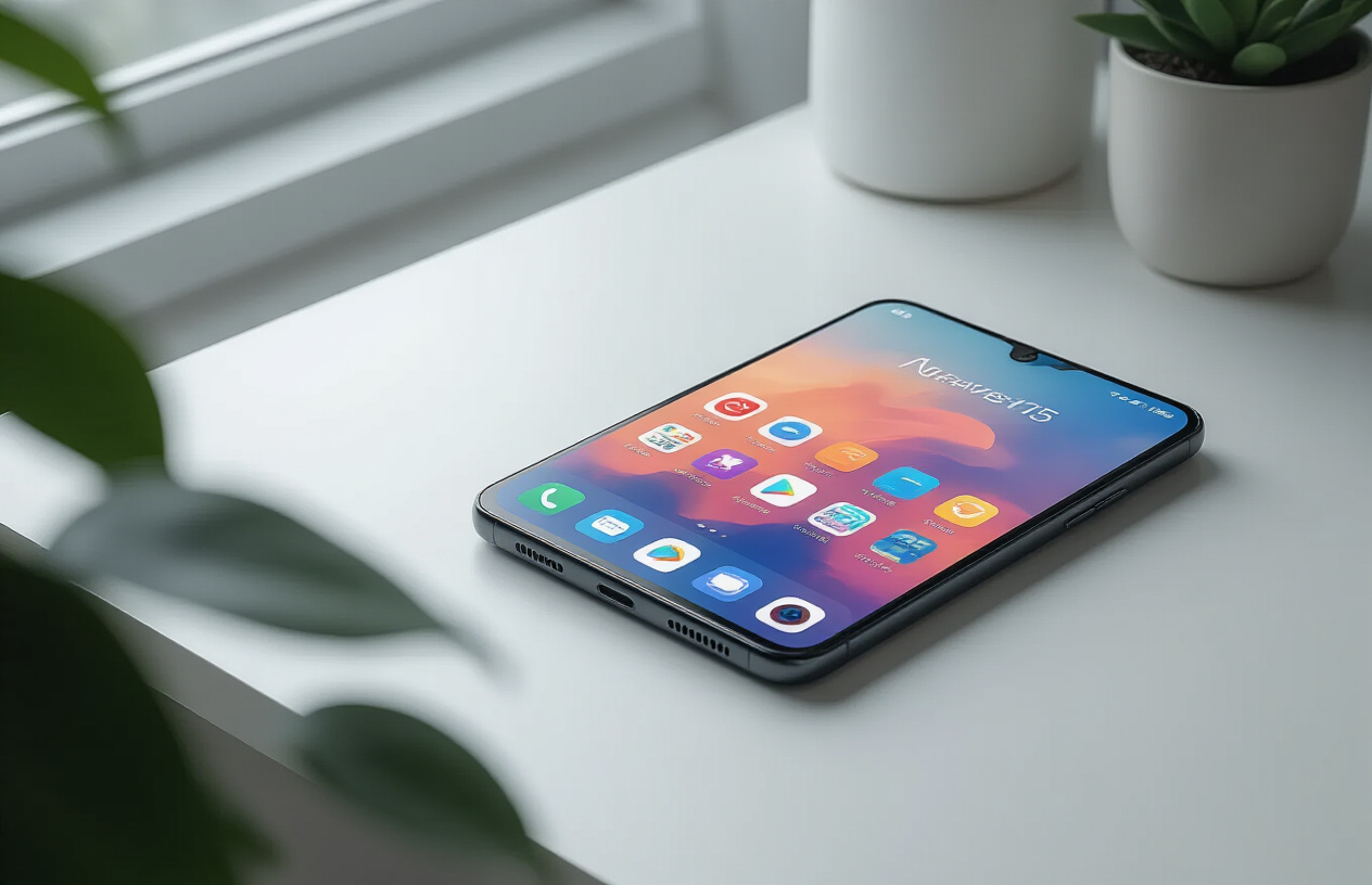 Create a realistic image of a OnePlus 15 smartphone displaying its home screen interface with colorful app icons, widgets, and the distinctive OxygenOS user interface elements visible on the screen, placed on a clean modern desk surface with soft natural lighting from the side, showing the phone at a slight angle to clearly showcase the software interface and screen clarity. Absolutely NO text should be in the scene.