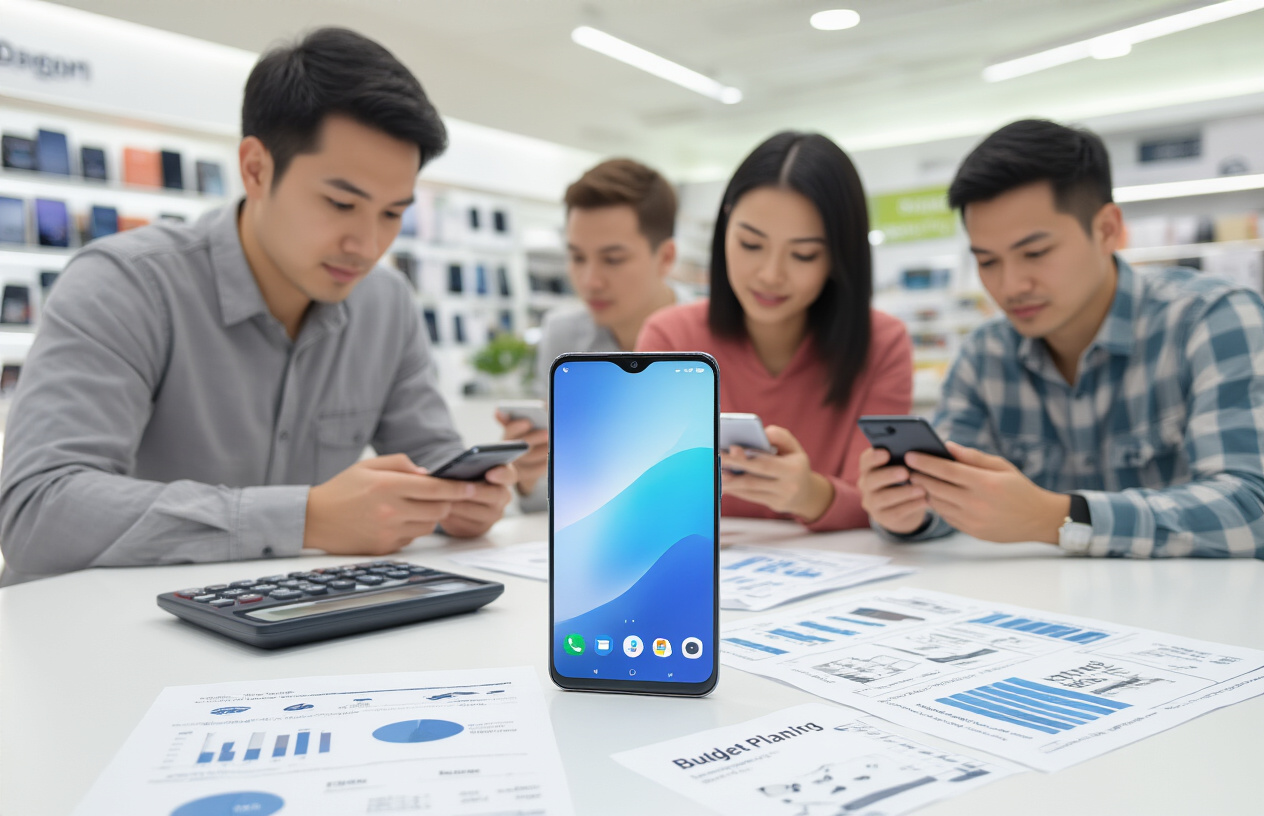Create a realistic image of a modern smartphone (OnePlus device) positioned on a clean white desk next to a calculator, price comparison charts, and budget planning documents, with a diverse group of three people in the background - one white male, one black female, and one Asian male - looking thoughtfully at different smartphones in their hands while comparing features, set in a bright electronics store environment with soft natural lighting, conveying a sense of careful consideration and value assessment, absolutely NO text should be in the scene.