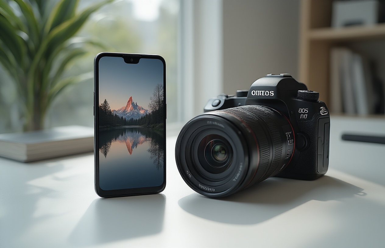Create a realistic image of a OnePlus 15 smartphone placed on a clean white desk surface next to a professional DSLR camera, with the phone's sleek design prominently displayed but showing average photo quality on its screen compared to sharp, vibrant images visible on the camera's LCD display, soft natural lighting from a nearby window creating subtle shadows, modern minimalist office environment in the background, emphasizing the contrast between smartphone convenience and dedicated photography equipment quality, absolutely NO text should be in the scene.