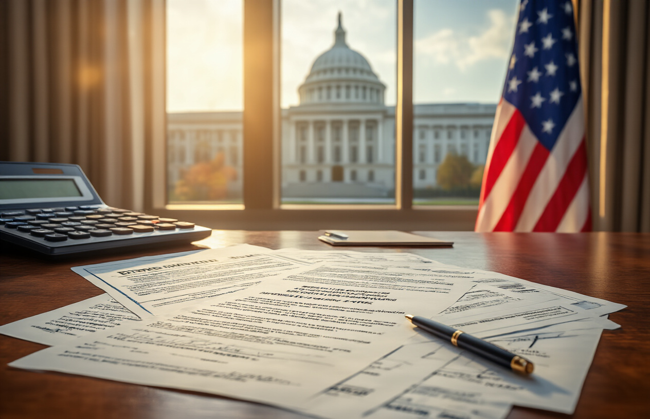Create a realistic image of a professional government office setting with official loan documents and forms spread across a wooden desk, an American flag displayed in the background, a government building visible through a window, warm professional lighting illuminating the scene, with a calculator and pen nearby suggesting financial assistance planning, Absolutely NO text should be in the scene.