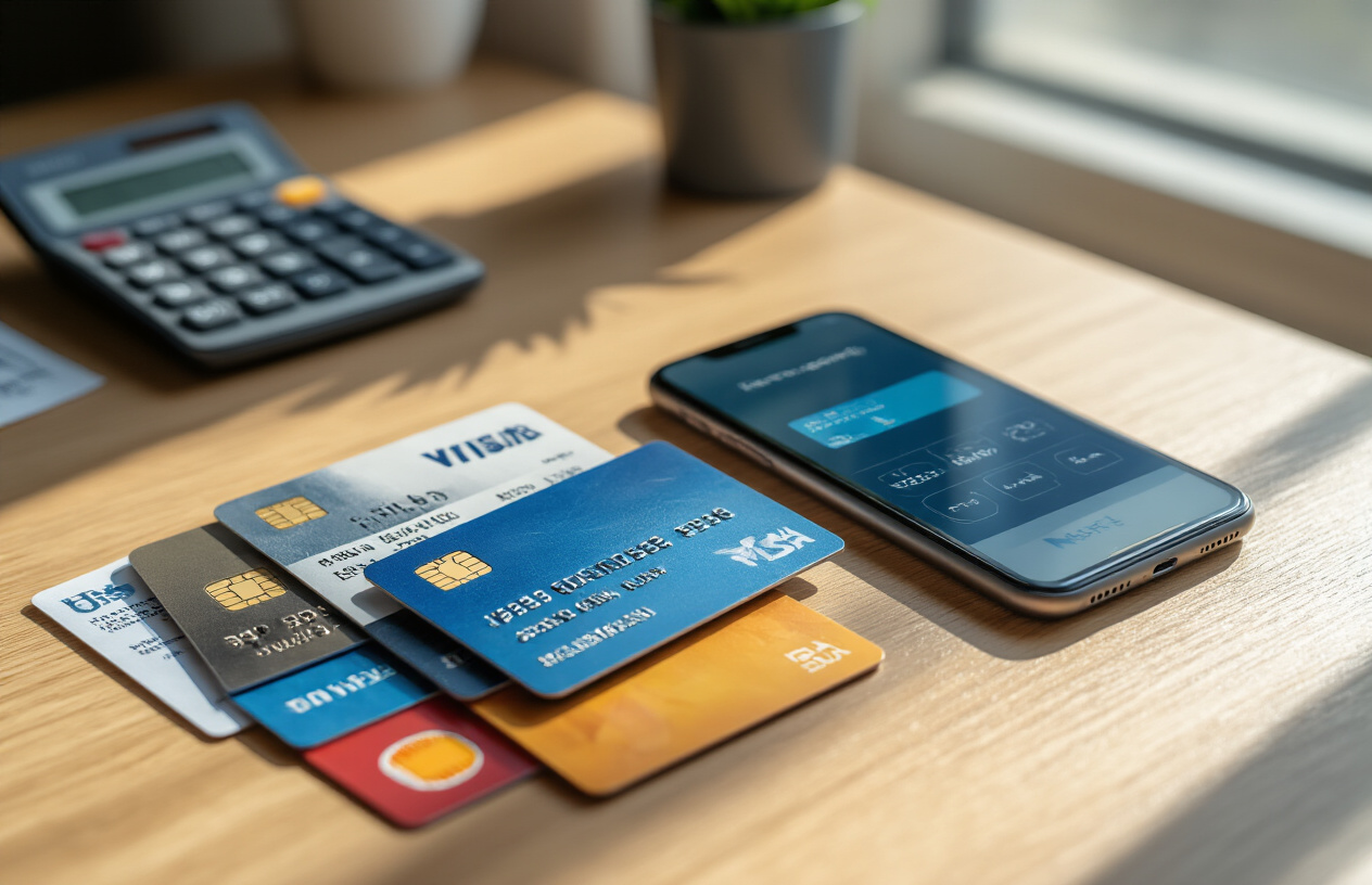 Create a realistic image of several credit cards with different colors and bank logos scattered on a clean wooden desk surface, alongside a smartphone displaying a mobile banking app interface, with a calculator and some financial documents partially visible in the background, captured in soft natural lighting from a window, creating a professional and organized financial planning atmosphere, absolutely NO text should be in the scene.