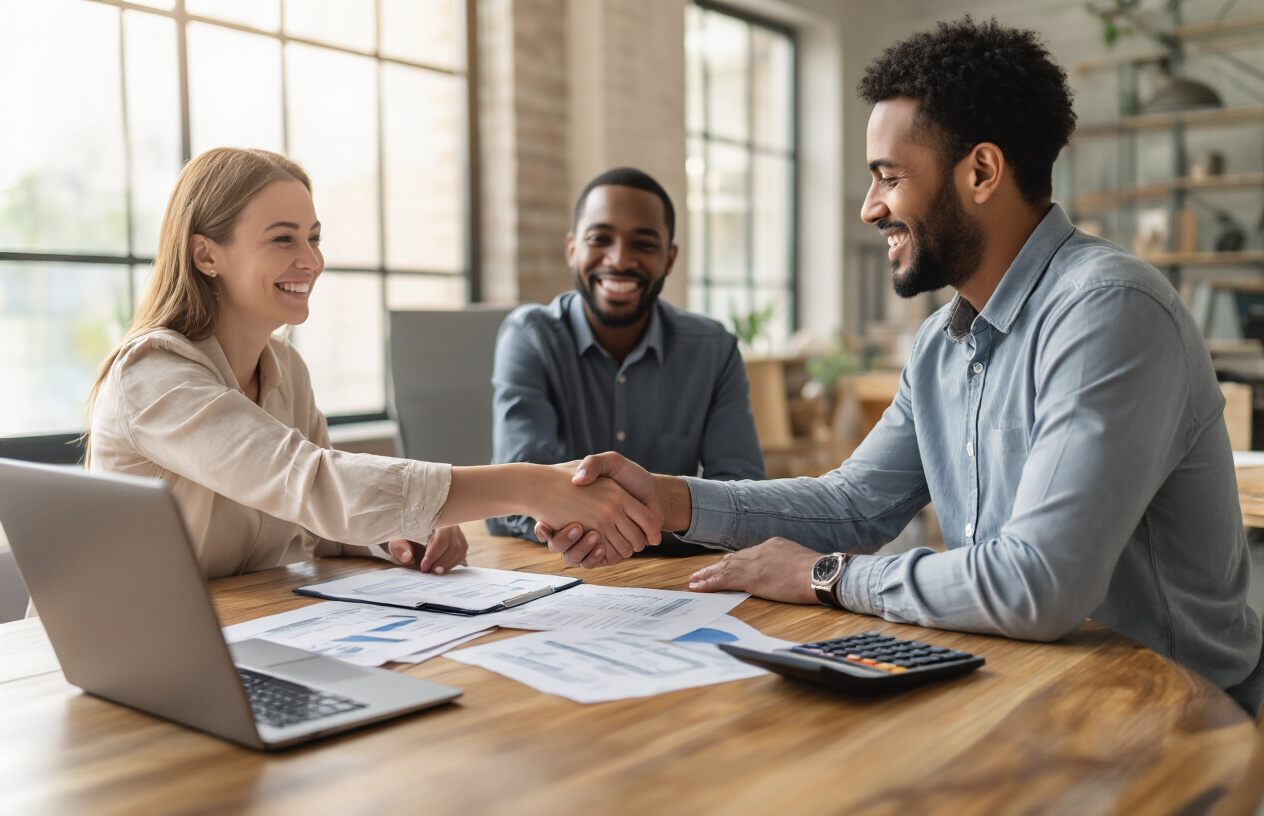 Create a realistic image of a diverse group of three people - one white female, one black male, and one Hispanic female - sitting around a modern wooden table in a bright, professional office setting, with loan documents, a calculator, and a laptop computer spread across the table, all three people appearing satisfied and relieved with genuine smiles as they shake hands in agreement, soft natural lighting streaming through large windows in the background creating a warm and trustworthy atmosphere, symbolizing successful loan approval and financial partnership. Absolutely NO text should be in the scene.