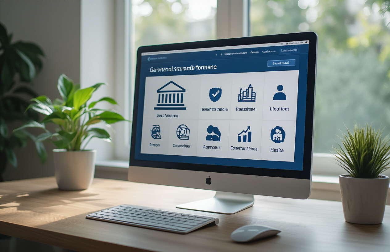 Create a realistic image of a modern computer screen displaying a clean, professional government digital platform interface with various service icons and navigation menus, sitting on a contemporary office desk with a wireless mouse and keyboard, soft natural lighting from a nearby window illuminating the workspace, creating a professional and user-friendly atmosphere that represents digital government services accessibility, absolutely NO text should be in the scene.