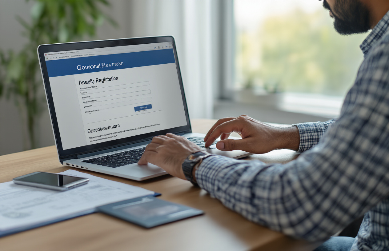 Create a realistic image of a South Asian male sitting at a modern desk with a laptop computer open, showing a government website registration page on the screen, with his hands positioned over the keyboard as if typing, a smartphone placed nearby on the desk, official documents and an ID card visible on the desk surface, in a clean home office environment with soft natural lighting from a window, conveying a focused and professional atmosphere of digital account setup, absolutely NO text should be in the scene.