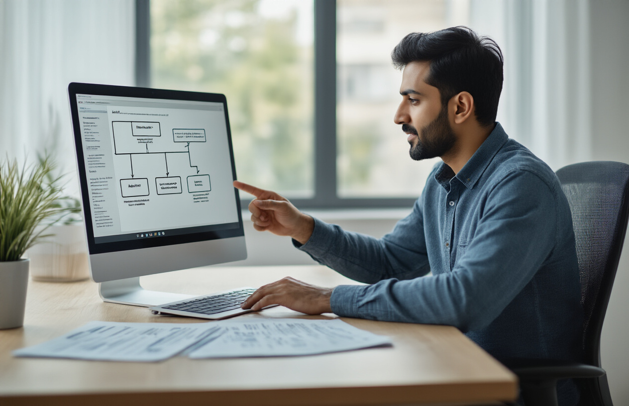 Create a realistic image of a South Asian male in his 30s sitting at a modern desk with a laptop computer, pointing at the screen which displays a simplified flowchart or process diagram with connected boxes and arrows, with official government documents and forms spread on the desk beside him, in a clean modern office environment with soft natural lighting from a window, conveying a helpful and organized atmosphere as he navigates through an online application process, absolutely NO text should be in the scene.