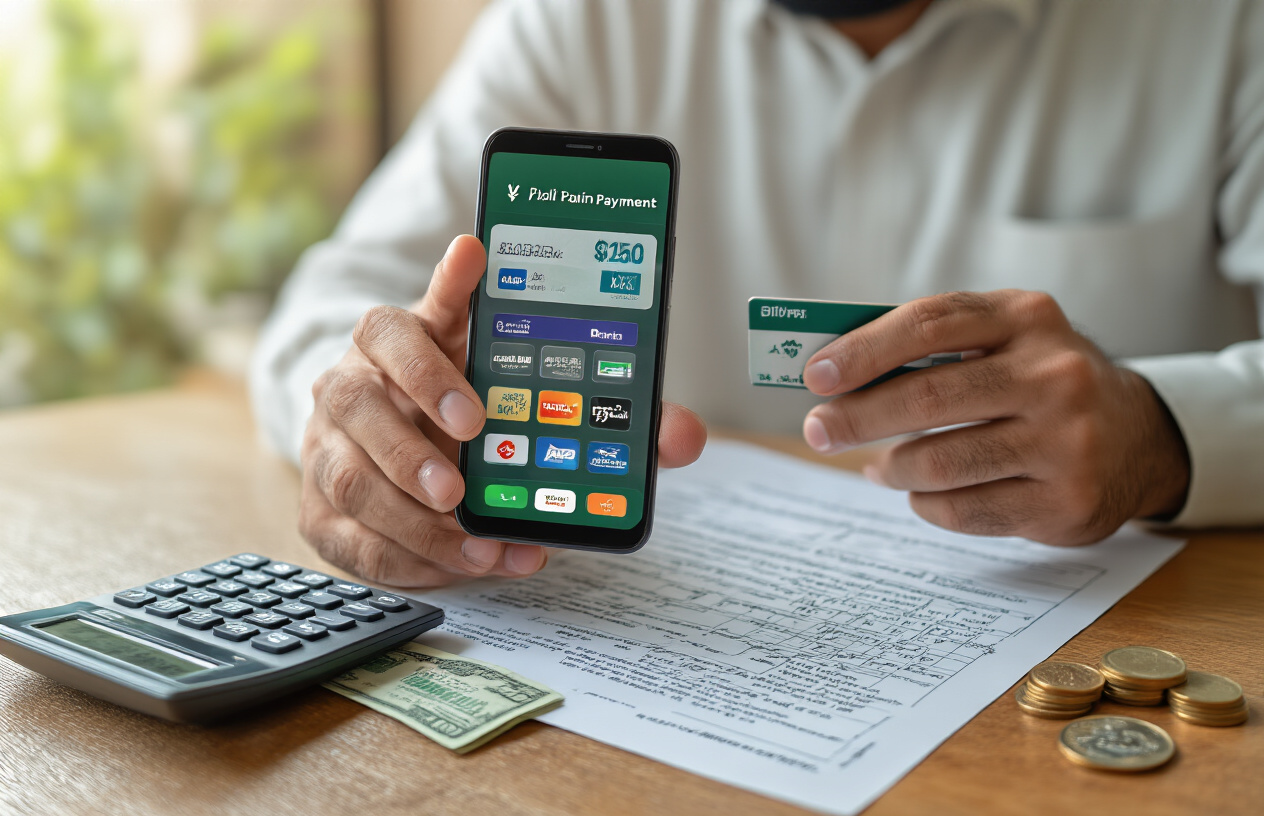 Create a realistic image of a Pakistani man's hands holding a smartphone displaying a digital payment interface with various payment method icons including credit cards, mobile banking, and digital wallets, with Pakistani rupee banknotes and coins scattered on a wooden desk surface, complemented by a calculator and official government fee schedule document, set in a well-lit home office environment with warm natural lighting from a window, absolutely NO text should be in the scene.