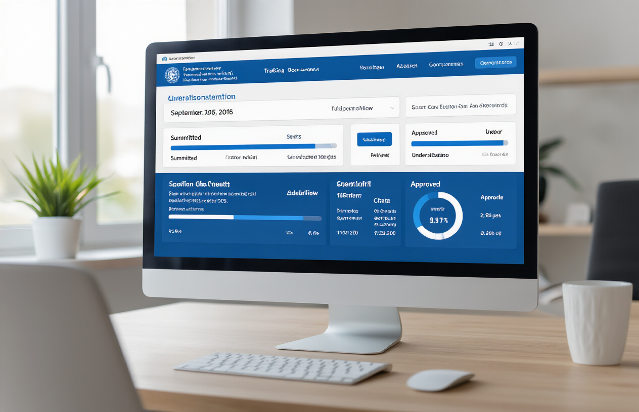Create a realistic image of a computer screen displaying an application tracking interface with progress bars, status indicators, and multiple application entries showing different stages like "submitted", "under review", and "approved", with a clean government website design featuring blue and white colors, modern dashboard layout with tracking numbers and timestamps visible, professional office environment in the background, soft natural lighting from a window, absolutely NO text should be in the scene.