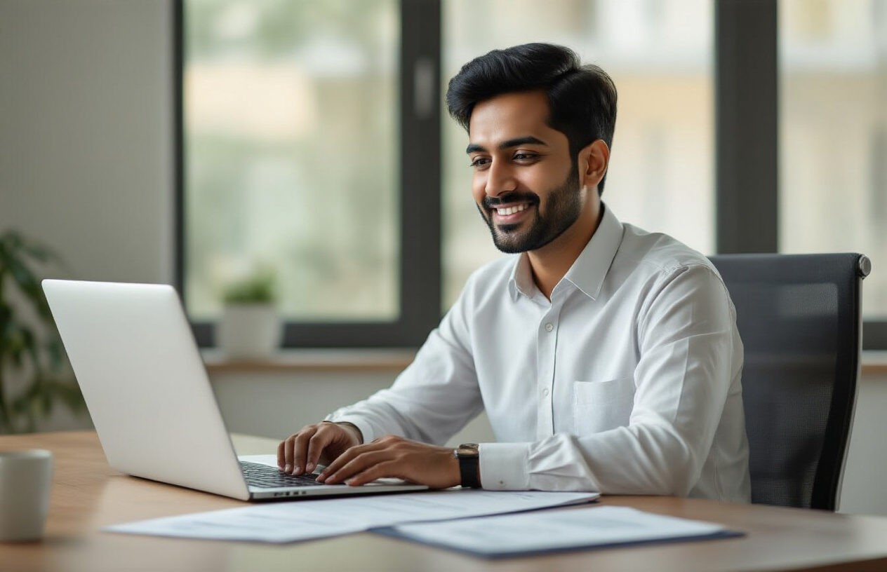 Create a realistic image of a professional South Asian male sitting at a modern desk with a laptop computer open, showing a satisfied expression while looking at the screen, with official government documents and certificates neatly arranged on the desk beside him, in a clean contemporary office environment with soft natural lighting from a window, conveying a sense of accomplishment and successful completion of online government services, absolutely NO text should be in the scene.