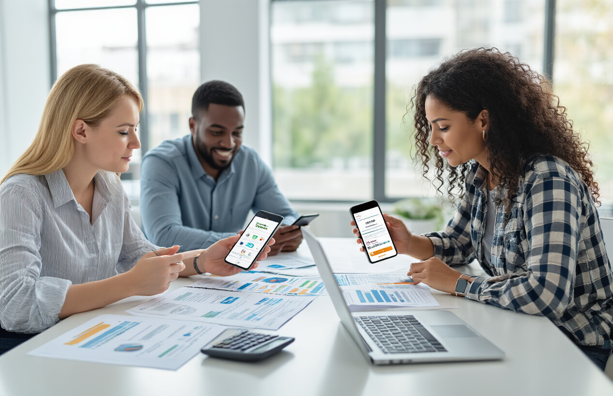 Create a realistic image of a diverse group of people including a white female, black male, and Hispanic female sitting around a modern conference table with smartphones displaying various loan app interfaces, surrounded by documents with checklists and comparison charts, calculator, and a laptop computer, in a bright modern office setting with natural lighting from large windows, conveying a professional decision-making atmosphere focused on financial planning and app evaluation, absolutely NO text should be in the scene.