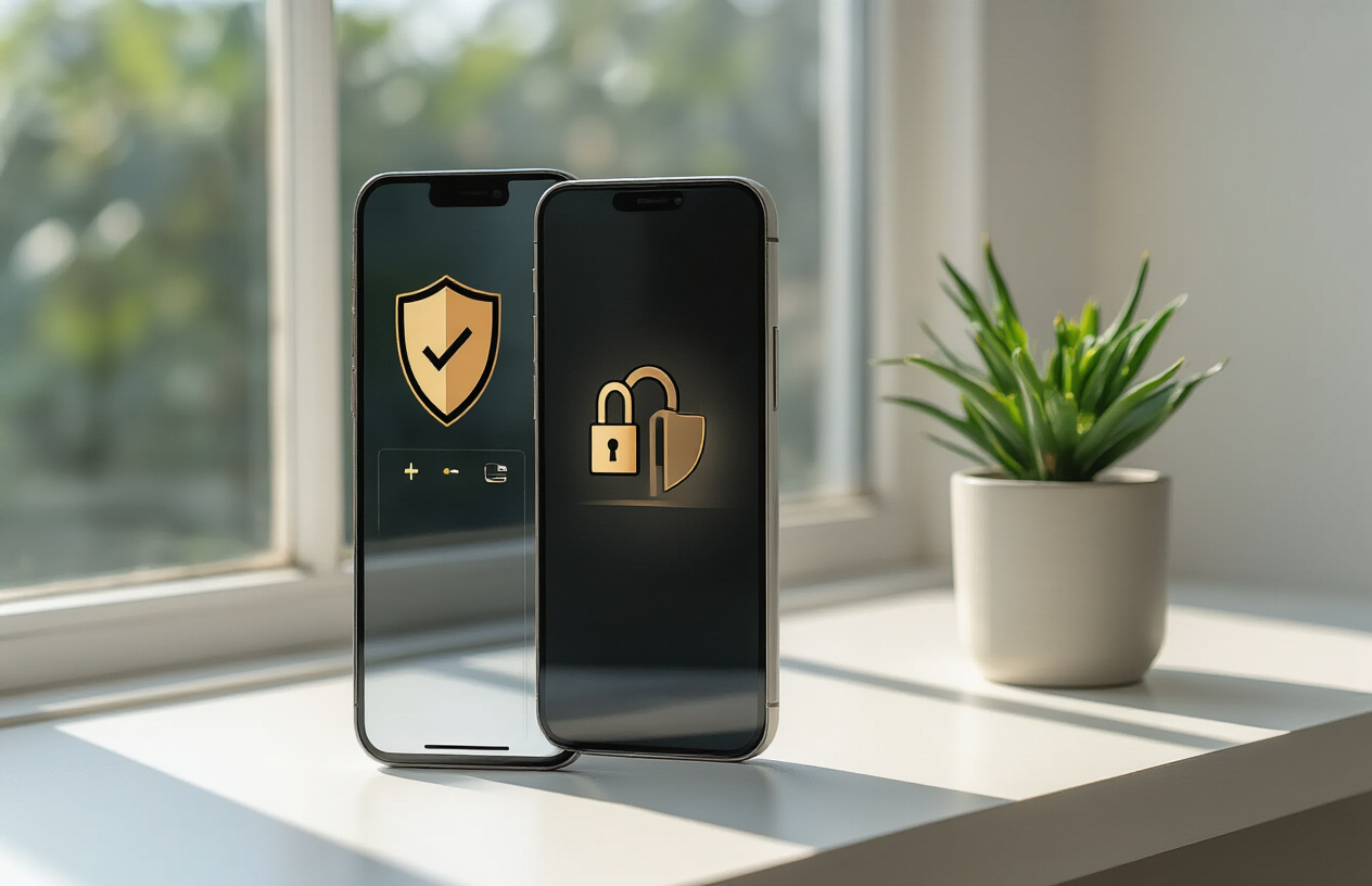 Create a realistic image of a smartphone displaying security icons including a shield, padlock, and checkmark symbols on the screen, placed on a clean white desk next to a small potted plant, with soft natural lighting coming from a window, conveying trust and digital security in a modern office environment, absolutely NO text should be in the scene.