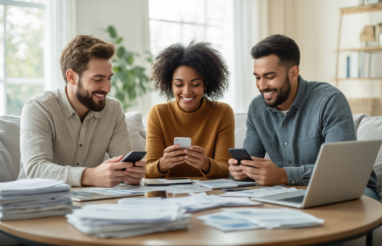 Create a realistic image of a diverse group of three people (one white male, one black female, one Hispanic male) sitting around a modern coffee table with smartphones and laptops, looking satisfied and relieved while checking their mobile banking apps, surrounded by a clean contemporary living room with soft natural lighting from a large window, stacks of organized bills and documents on the table, a subtle atmosphere of financial relief and empowerment, warm and hopeful mood with professional yet approachable styling, absolutely NO text should be in the scene.
