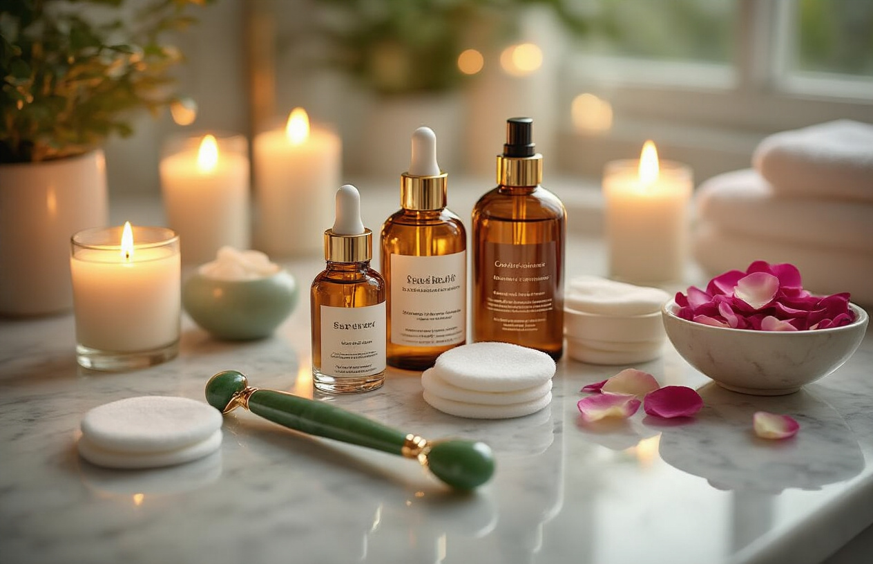 Create a realistic image of a white female in her late twenties with radiant, glowing skin standing at a modern bathroom vanity during golden hour morning light, performing her skincare routine with essential products like cleanser, serum, and moisturizer arranged neatly on a marble countertop, soft natural lighting streaming through a window creating a warm, fresh atmosphere, the woman gently applying product to her face with a peaceful, content expression, clean white and beige bathroom setting with plants and natural elements, Absolutely NO text should be in the scene.
