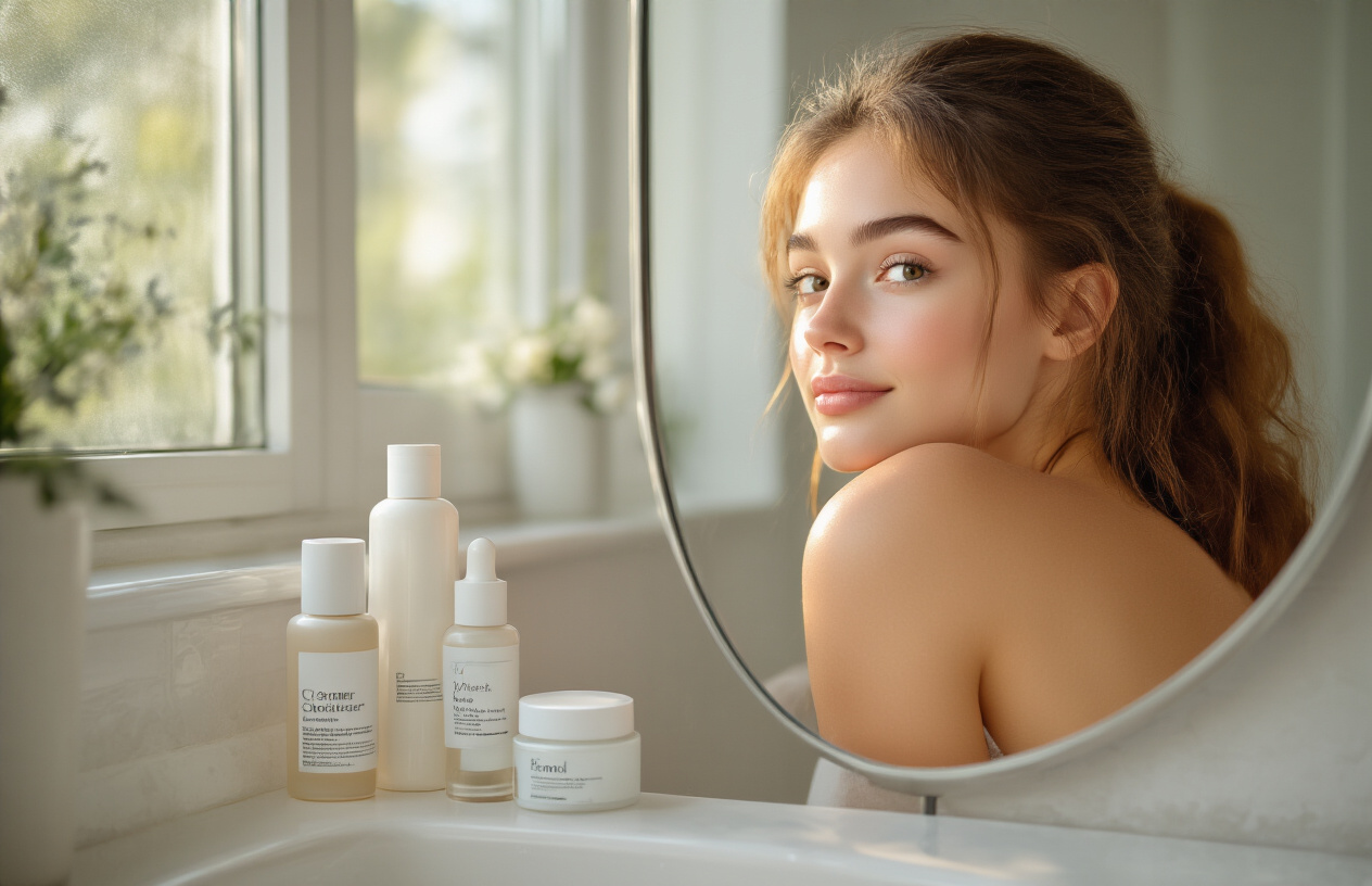 Create a realistic image of a young woman with radiant, glowing skin looking confidently into a bathroom mirror, surrounded by simple skincare products like cleanser, moisturizer, and serum bottles on a clean white counter, with soft natural lighting from a window creating a warm, peaceful morning atmosphere, showing the successful results of a quick daily skincare routine. Absolutely NO text should be in the scene.