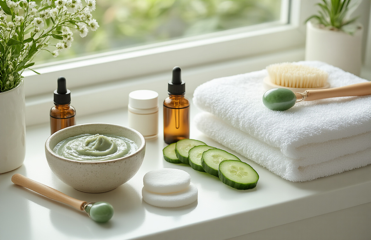 Create a realistic image of a serene home spa setup on a clean white bathroom counter featuring natural skincare treatment items including a clay face mask in a small bowl, cucumber slices, a jade roller, essential oil bottles, cotton pads, and a fluffy white towel, with soft natural lighting from a nearby window creating a calm and rejuvenating atmosphere, absolutely NO text should be in the scene.