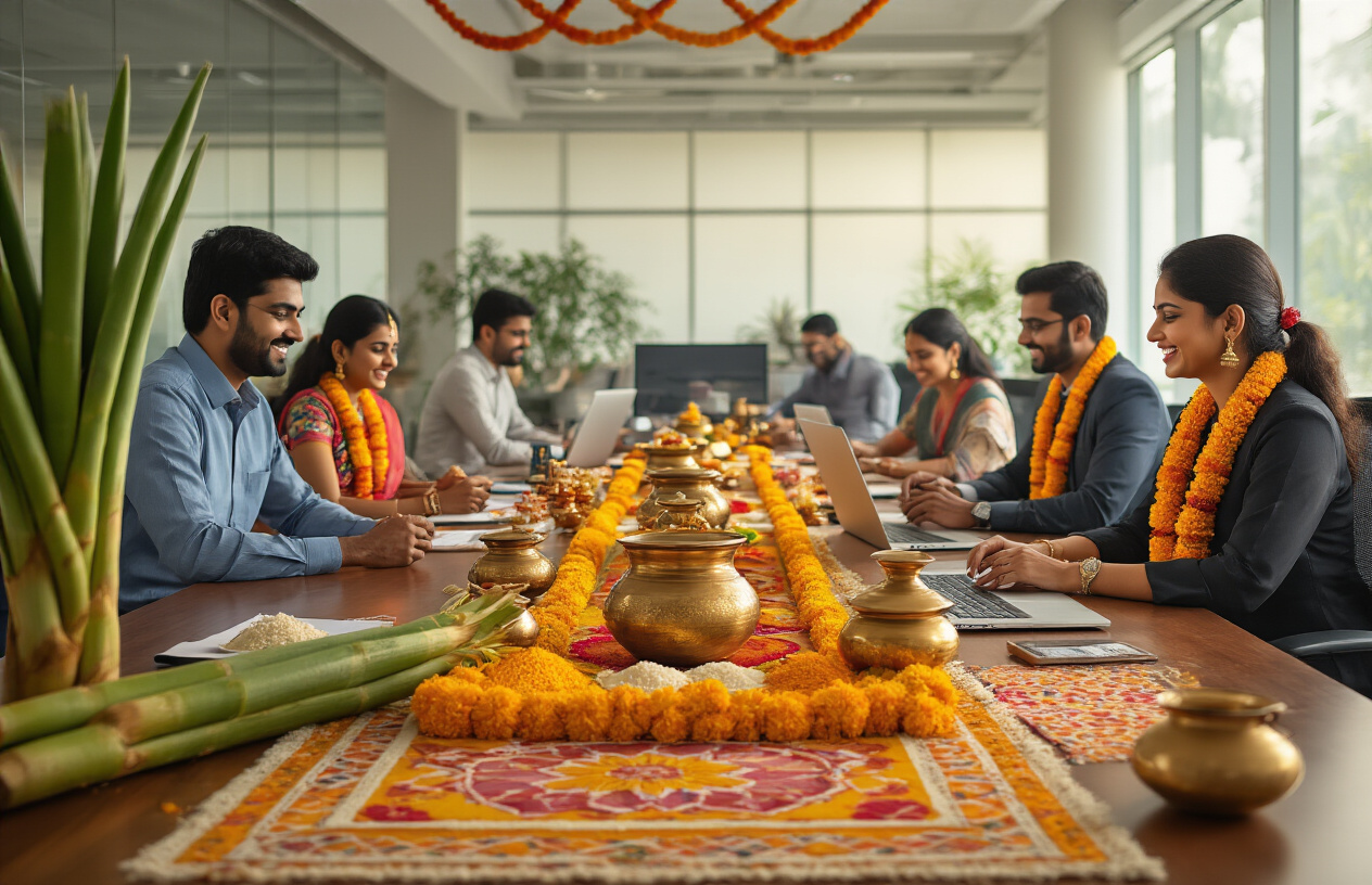 Create a realistic image of a modern office space during Pongal celebration showing South Asian male and female employees in business attire gathered around traditional Pongal decorations including sugarcane stalks, kolam rangoli patterns on the floor, and marigold garlands, with a conference table displaying traditional brass pots and Pongal rice dish alongside laptops and modern office equipment, warm golden lighting creating festive atmosphere, employees smiling and interacting while maintaining professional setting, contemporary office architecture with glass walls and modern furniture blended with colorful traditional Tamil decorative elements, absolutely NO text should be in the scene.
