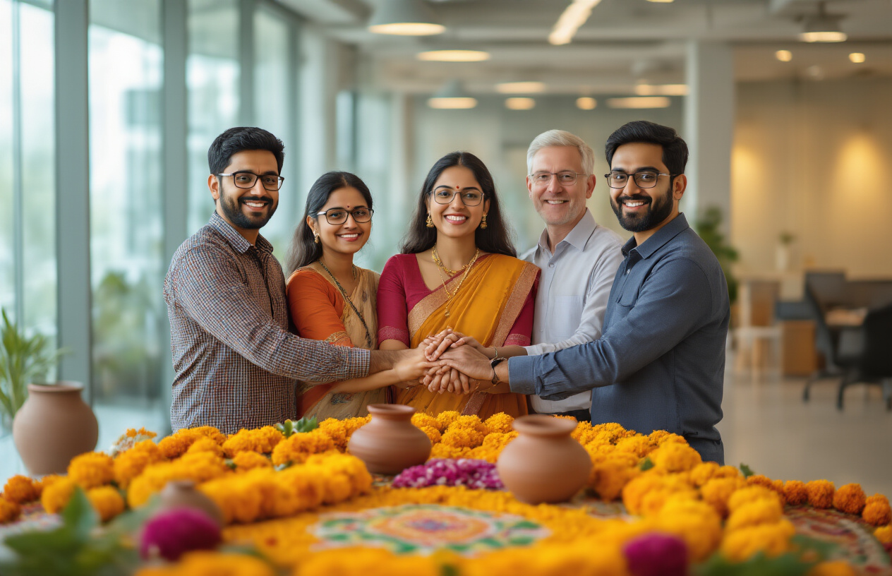 Create a realistic image of a modern office space that has been beautifully decorated and transformed for Pongal festival celebration, featuring traditional South Indian decorations like colorful rangoli patterns on the floor, sugarcane stalks and banana leaves adorning the workspace, marigold flower garlands hanging from desks and cubicles, clay pots and traditional Pongal cooking vessels displayed around the office, vibrant yellow and orange decorative elements throughout the space, office desks pushed aside to create open areas for celebration, warm festive lighting illuminating the transformed workspace, and the overall atmosphere showing how a corporate environment has been converted into a joyful festival ground while maintaining its office identity, absolutely NO text should be in the scene.