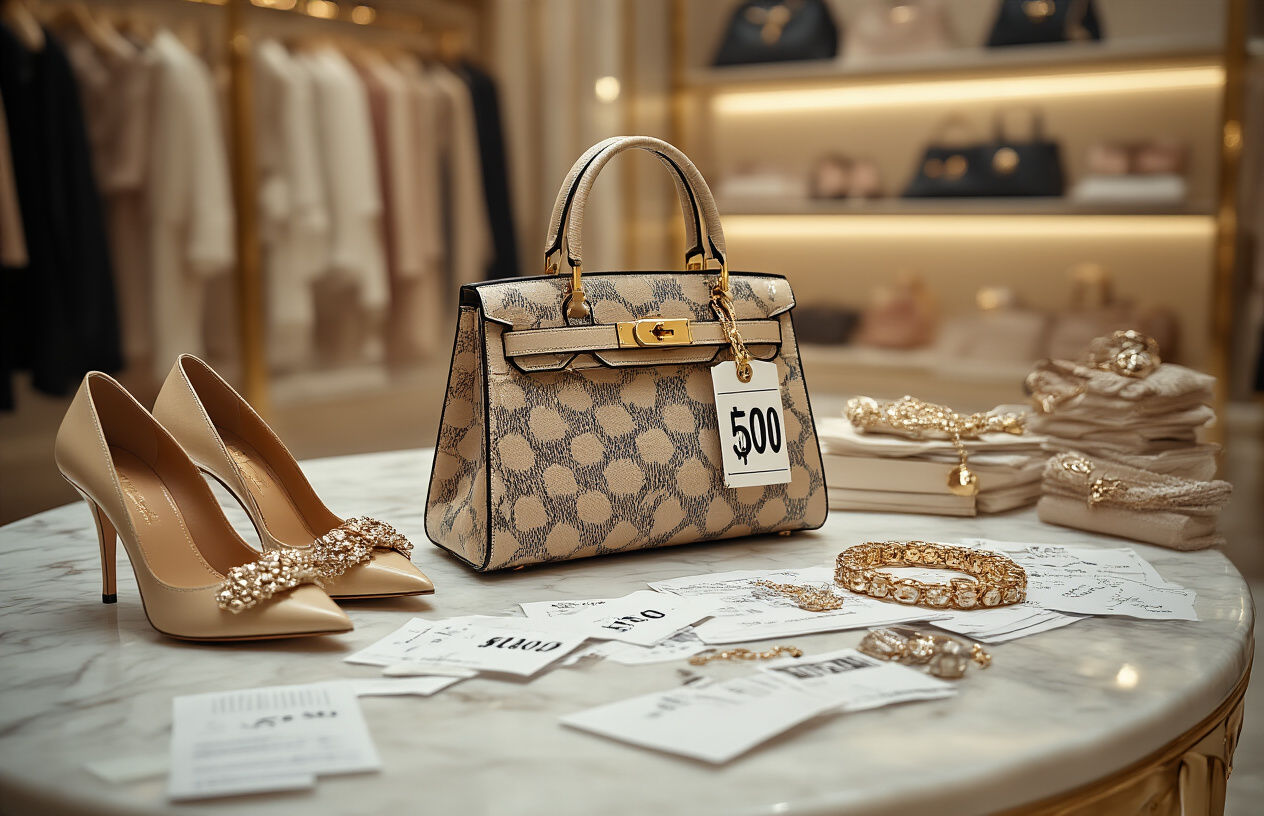 Overpriced fashion accessories like hair clips, phone cases, and jewelry with red ‘SCAM?’ tags, demonstrating poor value