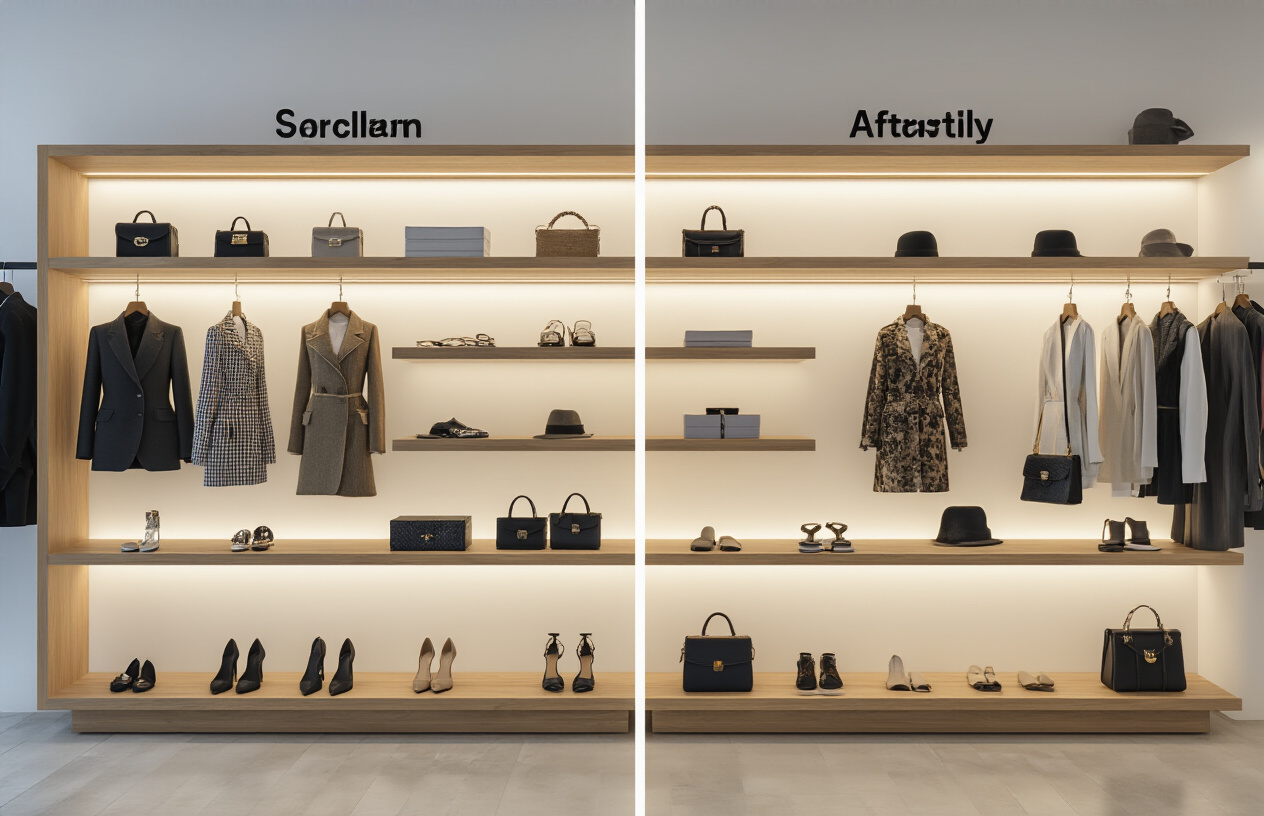 trendy fashion items on wooden display shelves, with the left side featuring expensive designer pieces with premium price tags and the right side showcasing similar-looking affordable alternatives with lower price tags,