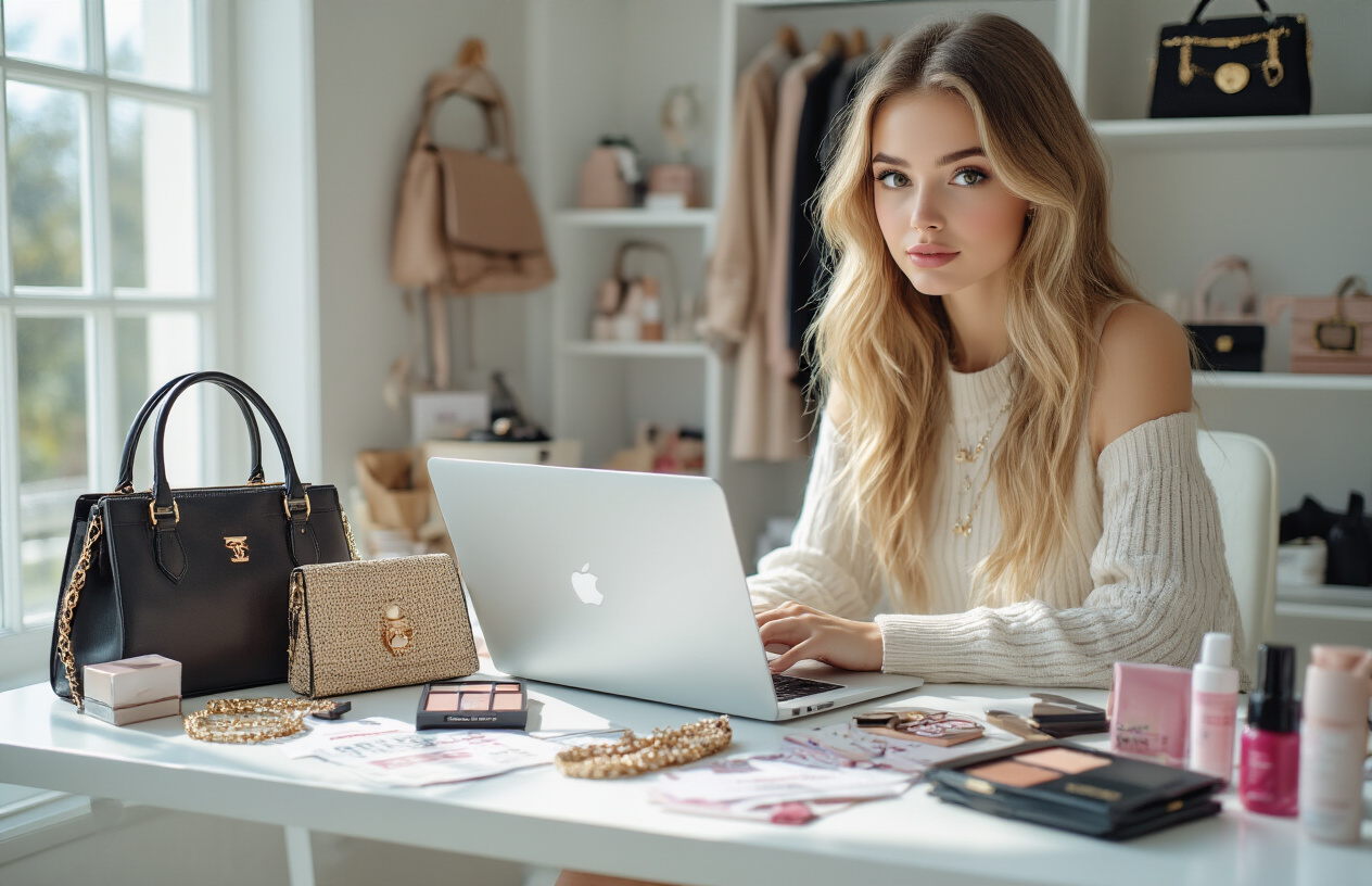 female fashion influencer sitting at a modern white desk with a laptop open