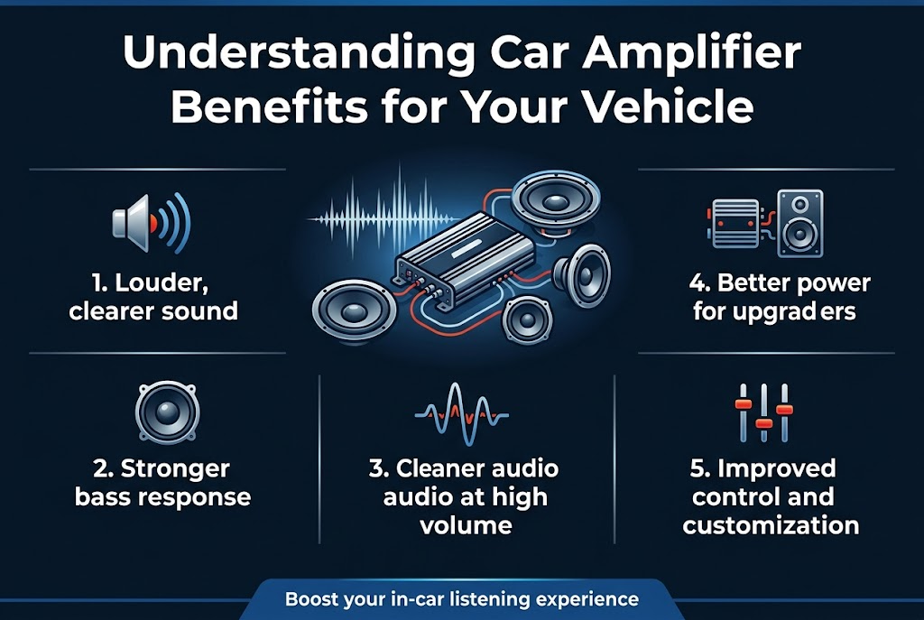 Create a full-bleed 3:2 landscape infographic with a clean modern automotive style, dark navy background with blue and silver accents, white sans-serif fonts, and bright red/orange highlight details. Place a bold large title at the top center in white: "Understanding Car Amplifier Benefits for Your Vehicle". 

Use a wide horizontal layout with five evenly spaced numbered benefit blocks across the middle and lower area, each with a clear icon and short text. Include a sleek car audio illustration in the center with sound waves and amplifier components connected to speakers.

Left to right benefit blocks:
1. A speaker icon with sound waves and the text: "1. Louder, clearer sound"
2. A bass subwoofer icon with the text: "2. Stronger bass response"
3. A low-distortion waveform icon with the text: "3. Cleaner audio at high volume"
4. A connected amplifier-and-speaker icon with the text: "4. Better power for upgraded speakers"
5. A tuning sliders icon with the text: "5. Improved control and customization"

Add a small bottom banner in white text on a dark blue strip: "Boost your in-car listening experience". Use clean section dividers, subtle glow effects, sharp professional iconography, balanced spacing, and a polished infographic layout with no borders or inset frame.