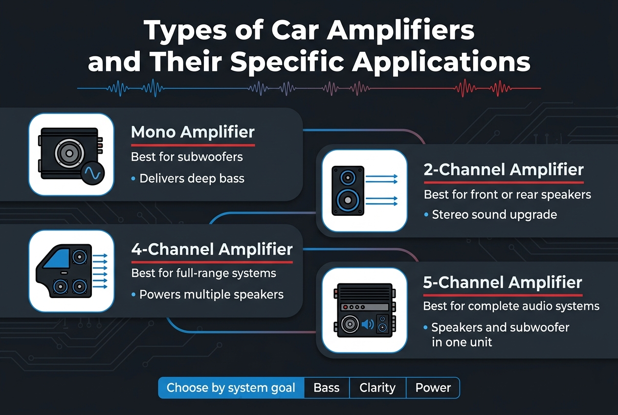 Full-bleed clean professional infographic in a 3:2 landscape layout, automotive audio theme, dark charcoal background with electric blue, red, white, and silver accents, modern sans-serif fonts, bold high-contrast title at the top.

Top header centered: "Types of Car Amplifiers and Their Specific Applications" in large bold white text, with a thin blue-red audio waveform line beneath it.

Main content arranged in four wide horizontal sections across the center and lower area, each in its own rounded rectangular block with a distinct icon on the left and short text on the right:

1) Left block: a black amplifier icon with a silver subwoofer circle and low-frequency wave symbol.
Text: "Mono Amplifier"
Smaller text below: "Best for subwoofers"
Bullet text: "Delivers deep bass"

2) Second block: a two-speaker icon with two blue output lines.
Text: "2-Channel Amplifier"
Smaller text below: "Best for front or rear speakers"
Bullet text: "Stereo sound upgrade"

3) Third block: a four-speaker car door icon with four output lines.
Text: "4-Channel Amplifier"
Smaller text below: "Best for full-range systems"
Bullet text: "Powers multiple speakers"

4) Right block: a multi-output amplifier rack icon with subwoofer and speaker symbols.
Text: "5-Channel Amplifier"
Smaller text below: "Best for complete audio systems"
Bullet text: "Speakers and subwoofer in one unit"

Bottom strip spanning the width with a small comparison note in three compact boxes:
"Choose by system goal" | "Bass" | "Clarity" | "Power"

Use clear visual hierarchy, crisp white text, blue section labels, red highlight lines, subtle car-audio circuit patterns in the background, evenly spaced icons, balanced multi-column layout, no frame borders, no empty center stack.
