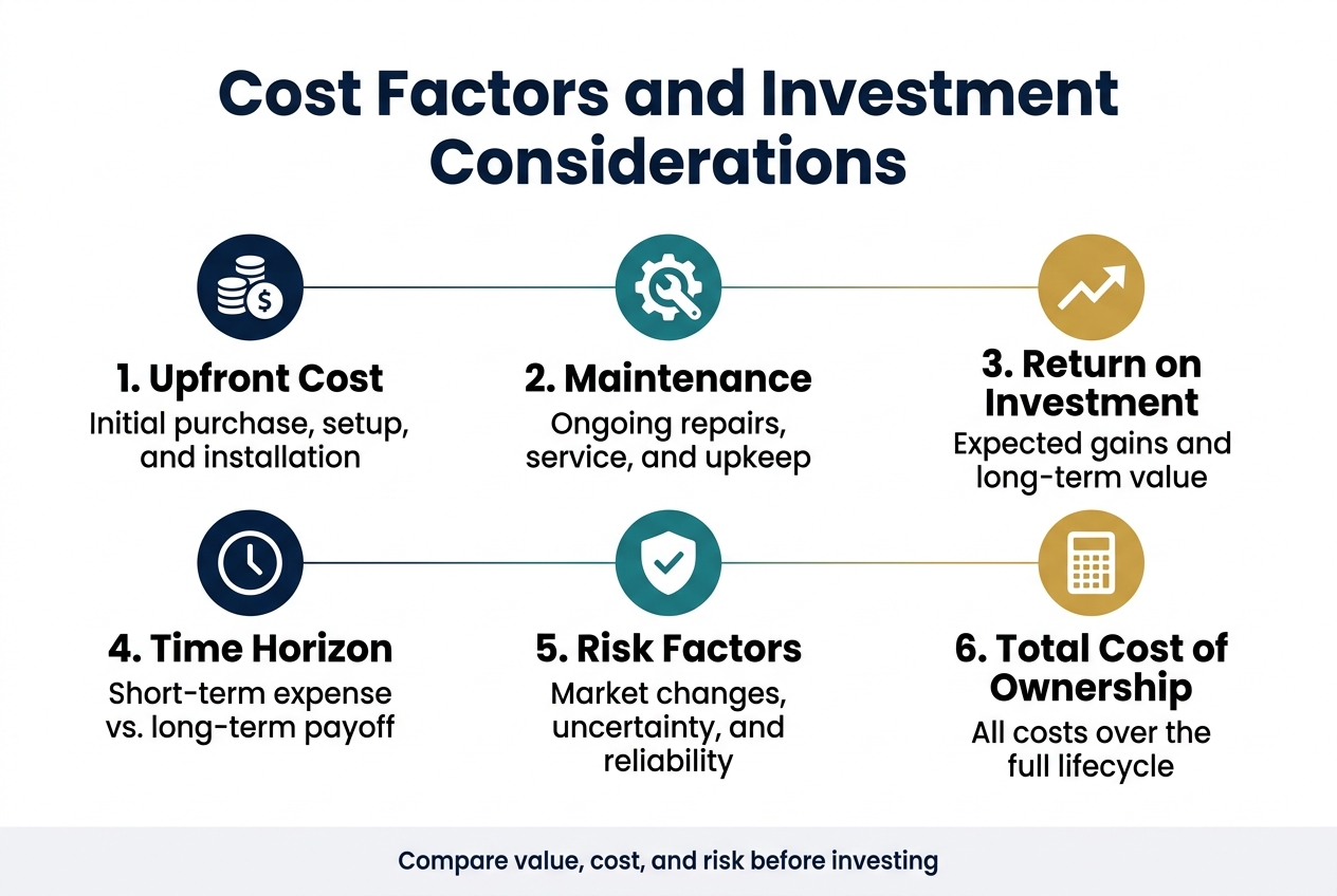 Create a full-bleed professional infographic in a 3:2 aspect ratio with a clean modern business style. Use a white background with deep navy, teal, and gold accents. Place a large bold title at the top center: "Cost Factors and Investment Considerations". Use a wide horizontal layout with six evenly spaced sections across the middle and lower areas, arranged in a 2-row grid of three columns. 

Section 1 on the upper left: a navy circle icon with stacked coins and a dollar sign, heading text "1. Upfront Cost", and smaller text "Initial purchase, setup, and installation".  
Section 2 in the upper center: a teal circle icon with a wrench and gear, heading text "2. Maintenance", and smaller text "Ongoing repairs, service, and upkeep".  
Section 3 on the upper right: a gold circle icon with an upward arrow and chart line, heading text "3. Return on Investment", and smaller text "Expected gains and long-term value".  

Section 4 on the lower left: a navy circle icon with a clock, heading text "4. Time Horizon", and smaller text "Short-term expense vs. long-term payoff".  
Section 5 in the lower center: a teal circle icon with a shield and checkmark, heading text "5. Risk Factors", and smaller text "Market changes, uncertainty, and reliability".  
Section 6 on the lower right: a gold circle icon with a calculator, heading text "6. Total Cost of Ownership", and smaller text "All costs over the full lifecycle".  

Connect the sections with thin subtle lines in a balanced flow across the page. Use bold sans-serif fonts for headings, smaller readable sans-serif body text, strong visual hierarchy, and clear spacing. Add a slim footer bar at the bottom with the text "Compare value, cost, and risk before investing" in small dark navy type. No frame, no border, no extra text.
