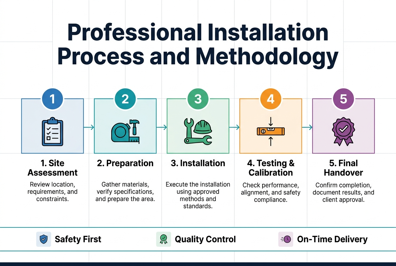 Create a full-bleed 3:2 landscape infographic titled "Professional Installation Process and Methodology" with a clean modern corporate style, white background, dark navy and teal accents, subtle light gray grid lines, and bold sans-serif typography.

Top center: large bold heading in dark navy text, "Professional Installation Process and Methodology".

Below the heading, arrange a wide horizontal 5-step process flow across the center of the page using five equal blocks connected by thin teal arrows or lines. Each step should have a numbered circle icon above a simple flat icon, with a short label and one-line subtext underneath.

Step 1 block on the left: blue circle with "1", a clipboard/checklist icon, title text "1. Site Assessment", subtext "Review location, requirements, and constraints."

Step 2 block: teal circle with "2", a measuring tape and tools icon, title text "2. Preparation", subtext "Gather materials, verify specifications, and prepare the area."

Step 3 block: green circle with "3", a wrench and helmet icon, title text "3. Installation", subtext "Execute the installation using approved methods and standards."

Step 4 block: orange circle with "4", a level and alignment icon, title text "4. Testing & Calibration", subtext "Check performance, alignment, and safety compliance."

Step 5 block on the right: purple circle with "5", a checkmark badge icon, title text "5. Final Handover", subtext "Confirm completion, document results, and client approval."

Add a slim bottom band spanning the width with three compact highlight boxes: "Safety First", "Quality Control", and "On-Time Delivery", each with a small matching icon. Keep spacing balanced, with strong visual hierarchy, crisp lines, and no inset frame or poster border.