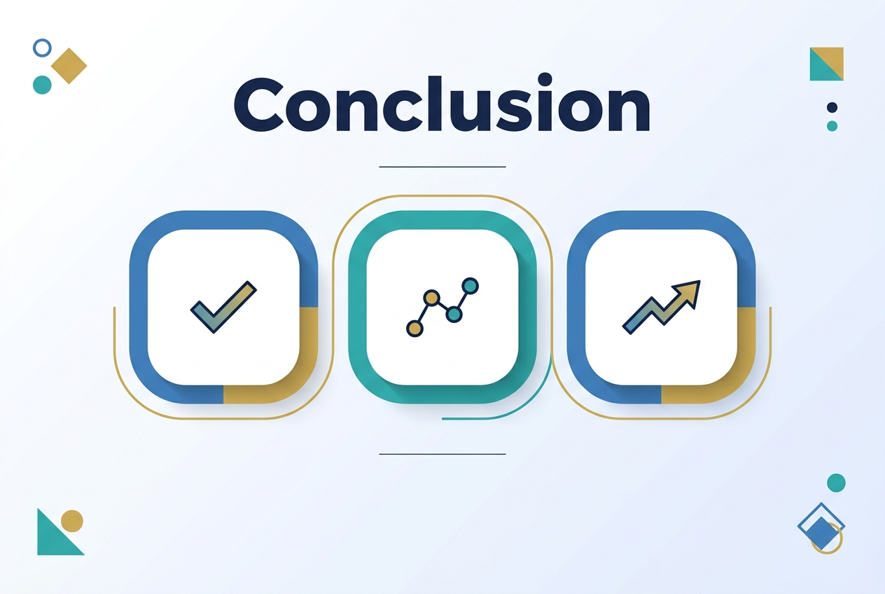 Full-bleed infographic illustration in 3:2 aspect ratio, clean professional style, modern flat design. Large bold heading at the top center with the exact text “Conclusion” in dark navy sans-serif font. Wide horizontal layout with a subtle light background gradient from white to pale blue. Center of the design features a simple polished closing composition: three large rounded blocks arranged horizontally across the middle, each with a minimal icon inside — a checkmark icon on the left, a connected dots icon in the center, and a rising arrow icon on the right — using blue, teal, and gold accents. Add thin divider lines and soft shadowing for depth. Keep the layout spacious and balanced, with no vertical poster framing. Include small decorative geometric shapes in the corners for visual interest. No other text anywhere.