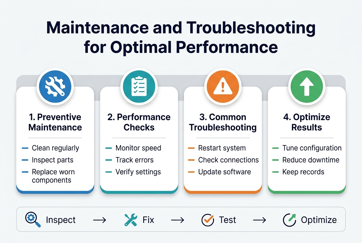 3:2 full-bleed professional infographic with a clean white background, blue and teal accents, dark navy text, subtle gray dividers, modern sans-serif font. Large bold heading at the top centered: "Maintenance and Troubleshooting for Optimal Performance". Below the heading, a wide horizontal 4-section layout with rounded rectangular blocks across the page, each with a colored circular icon and numbered title.

Section 1 on the left: blue wrench and gear icon, title "1. Preventive Maintenance", with three short bullet lines: "Clean regularly", "Inspect parts", "Replace worn components".
Section 2 left-center: teal checklist icon, title "2. Performance Checks", with bullets: "Monitor speed", "Track errors", "Verify settings".
Section 3 right-center: orange warning triangle icon, title "3. Common Troubleshooting", with bullets: "Restart system", "Check connections", "Update software".
Section 4 on the right: green upward arrow icon, title "4. Optimize Results", with bullets: "Tune configuration", "Reduce downtime", "Keep records".

Add a thin bottom band spanning the width with a simple process flow using small icons and arrows: "Inspect" → "Fix" → "Test" → "Optimize". Use balanced spacing, clear hierarchy, crisp lines, subtle shadows, and a polished corporate infographic style.