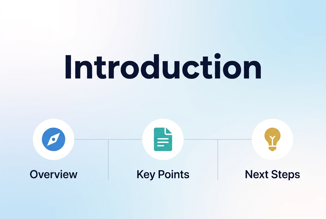 Aspect ratio 3:2, full-bleed clean professional infographic title slide. Large bold heading at the top center in dark navy text: "Introduction". Wide horizontal layout with a subtle modern background gradient from soft white to light blue. Place three evenly spaced feature blocks across the lower half, each with a simple circular icon above a short label: left block with a blue compass icon and the text "Overview", center block with a teal document icon and the text "Key Points", right block with a gold lightbulb icon and the text "Next Steps". Use a clean sans-serif font, strong visual hierarchy, ample whitespace, thin dividing lines between blocks, and minimal flat vector style. No extra text.