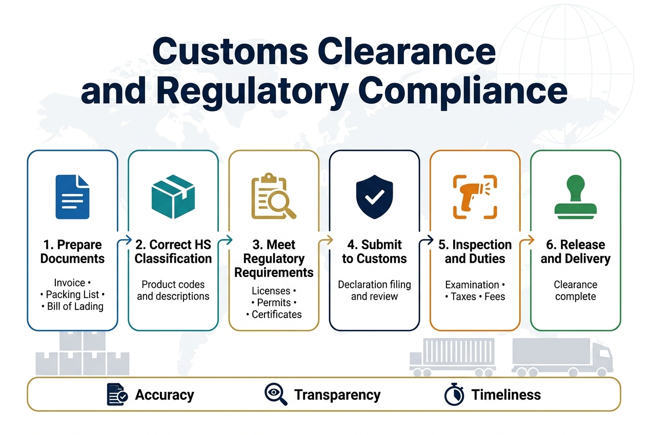 Full-bleed professional infographic illustration in a 3:2 aspect ratio, clean corporate style, white background with deep navy, teal, and gold accents, modern sans-serif fonts. Large bold title at the top center in navy: "Customs Clearance and Regulatory Compliance". Below the title, a wide horizontal process flow across the center with six evenly spaced numbered sections in rounded rectangular panels, connected by thin arrows. Section 1 on the left: blue document icon and text "1. Prepare Documents" with smaller text beneath: "Invoice • Packing List • Bill of Lading". Section 2: teal box icon and text "2. Correct HS Classification" with smaller text: "Product codes and descriptions". Section 3: gold magnifying glass and clipboard icon and text "3. Meet Regulatory Requirements" with smaller text: "Licenses • Permits • Certificates". Section 4: navy shield and checkmark icon and text "4. Submit to Customs" with smaller text: "Declaration filing and review". Section 5: orange inspection scanner icon and text "5. Inspection and Duties" with smaller text: "Examination • Taxes • Fees". Section 6 on the right: green approval stamp icon and text "6. Release and Delivery" with smaller text: "Clearance complete". Add a bottom horizontal banner spanning the width with three small compliance icons and labels: "Accuracy", "Transparency", "Timeliness". Include subtle world map grid lines and cargo/truck silhouettes in the background, very light and minimal. Use strong visual hierarchy, clear spacing, crisp flat vector shapes, and balanced wide layout with no centered vertical stack.
