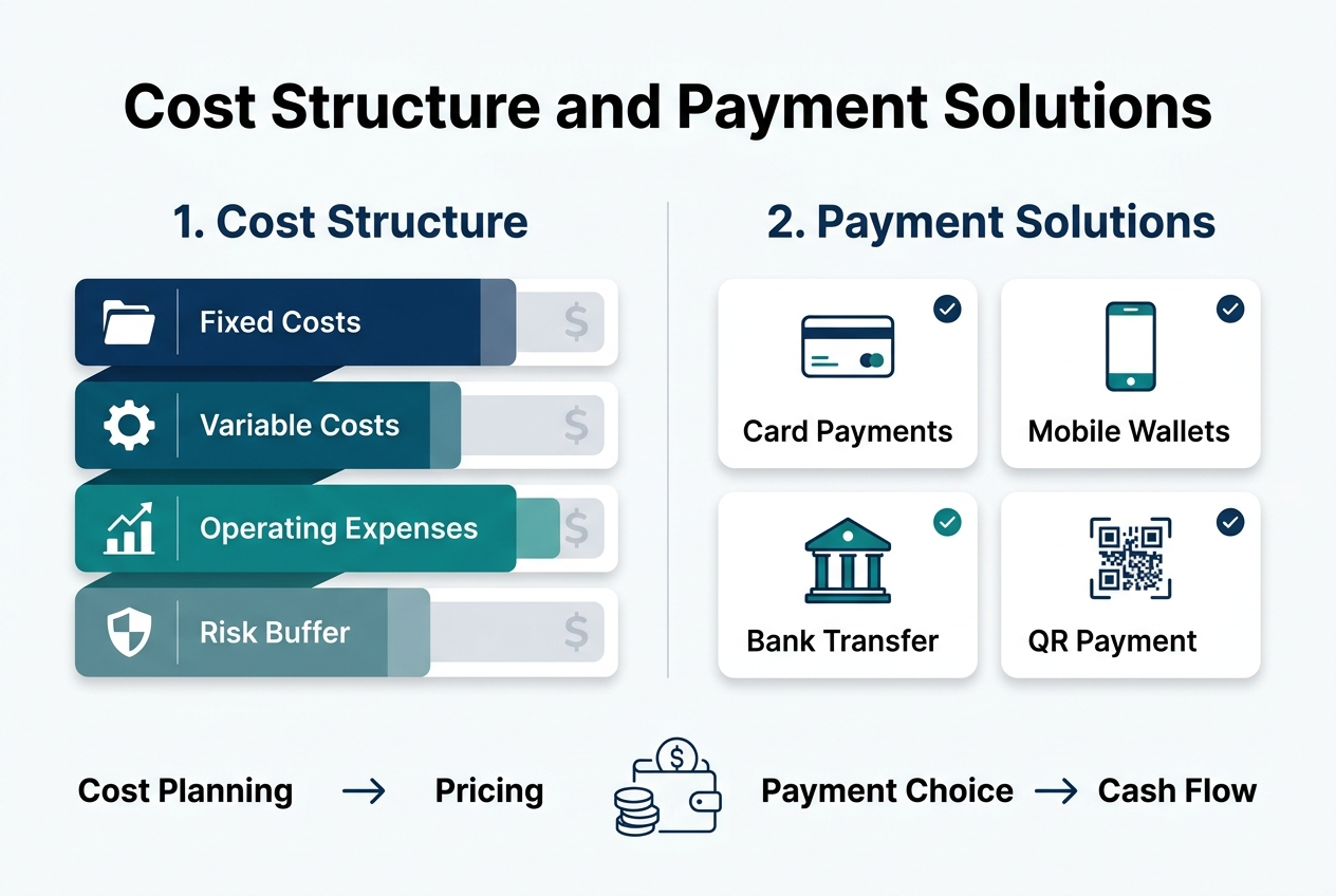 Full-bleed professional infographic illustration in a 3:2 aspect ratio, clean modern corporate style, white background with deep blue, teal, and light gray accents. Large bold heading at the top center: "Cost Structure and Payment Solutions". Wide horizontal layout with two main side-by-side sections below the title. Left section: titled "1. Cost Structure" in bold dark blue. Show a stacked cost breakdown using four horizontal bars or layered blocks with simple icons and labels: a folder icon with "Fixed Costs", a gear icon with "Variable Costs", a chart icon with "Operating Expenses", and a shield icon with "Risk Buffer". Use percentage-style bar visuals and subtle dollar symbols. Right section: titled "2. Payment Solutions" in bold dark blue. Show four payment method cards arranged in a grid with clear icons and labels: a credit card icon with "Card Payments", a mobile phone icon with "Mobile Wallets", a bank building icon with "Bank Transfer", and a QR code icon with "QR Payment". Add small checkmarks on each card. Bottom strip across the width: a simple comparison flow with arrows from left to right labeled "Cost Planning" → "Pricing" → "Payment Choice" → "Cash Flow". Include a minimal line icon of coins and a wallet near the center. Use clean sans-serif fonts, strong visual hierarchy, subtle shadows, rounded rectangles, generous spacing, and crisp vector-style shapes. No frame, no poster border, no vertical stack layout.